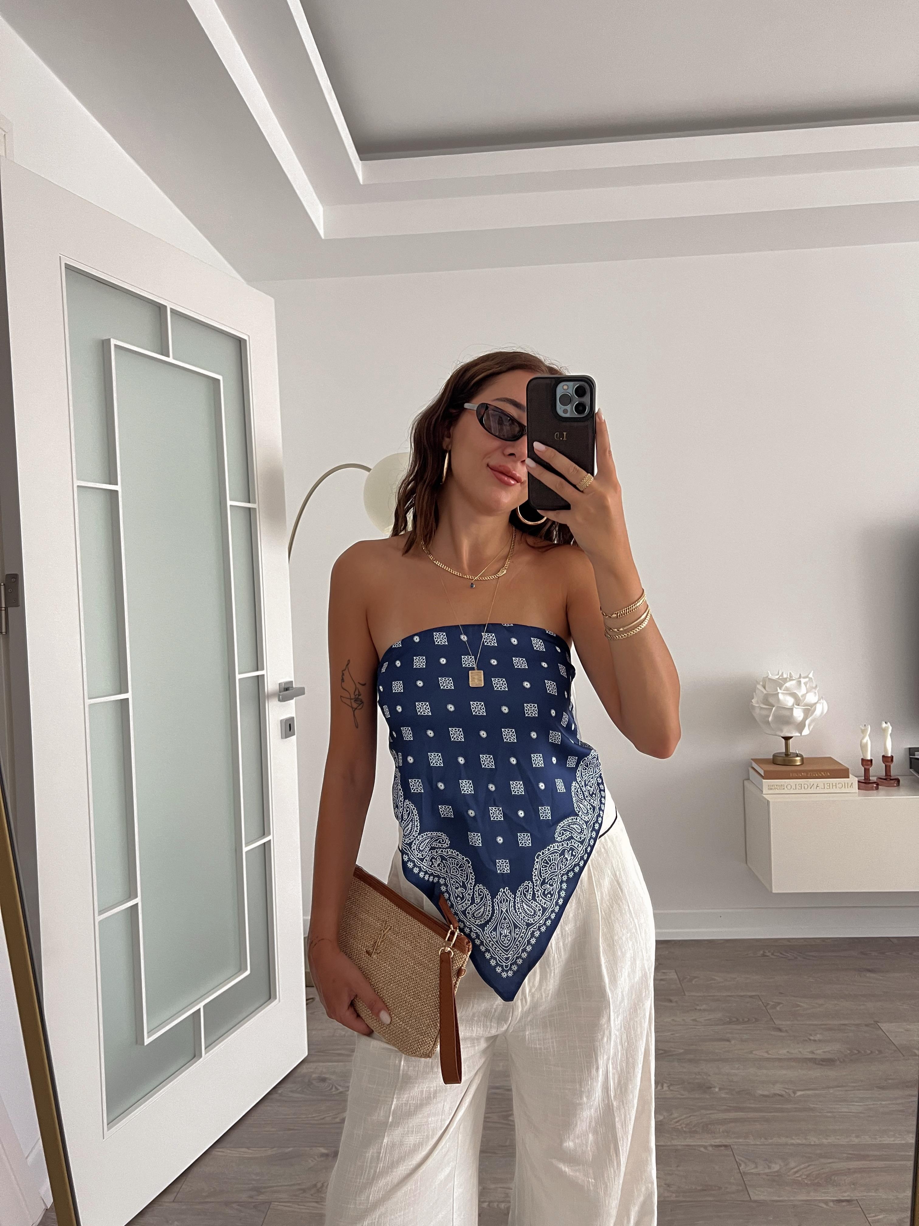 Mavi Şal Desen Saten Bağlamalı Bluz