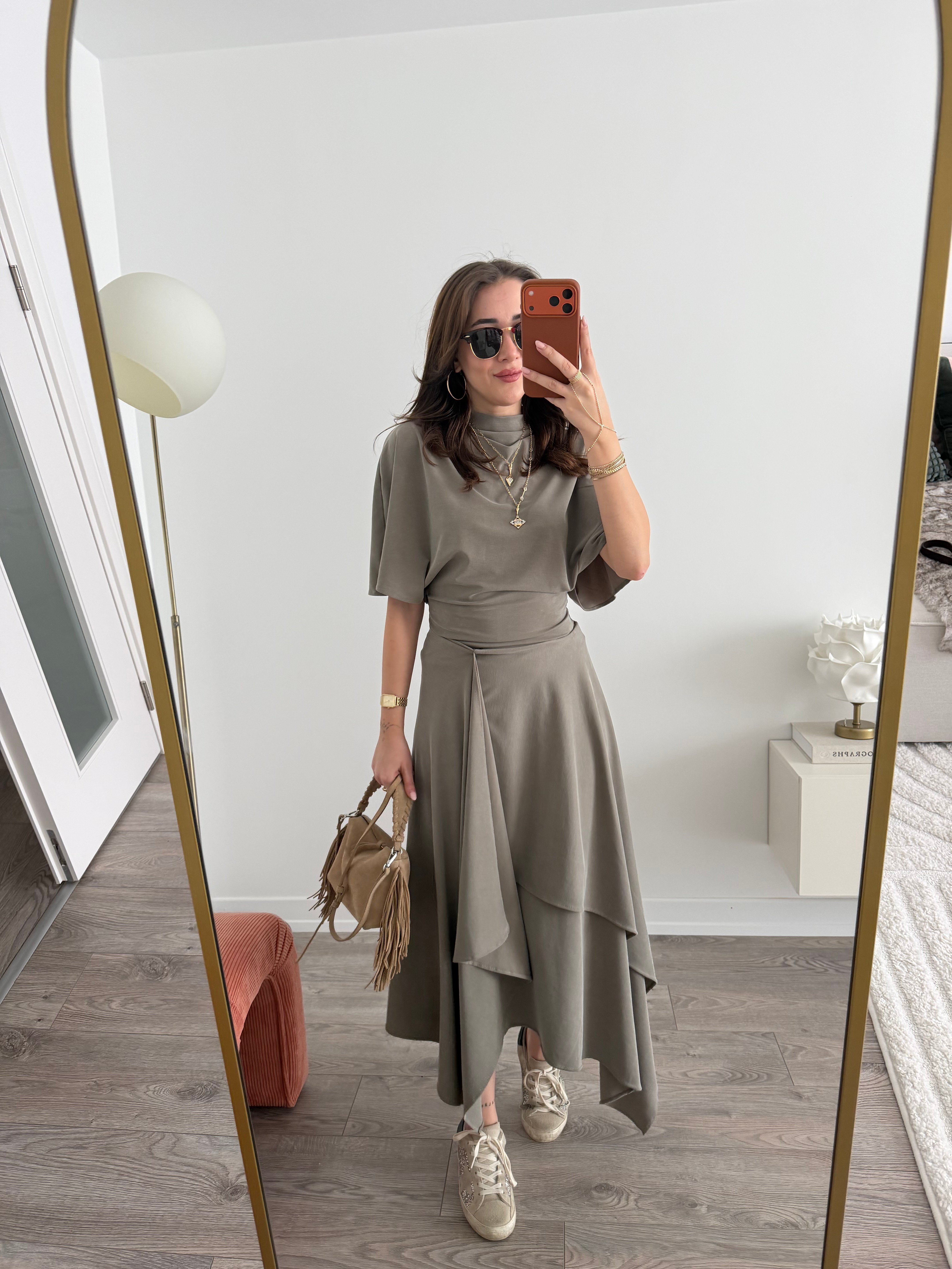 Modal Kumaş Haki Bluz Etek Takım