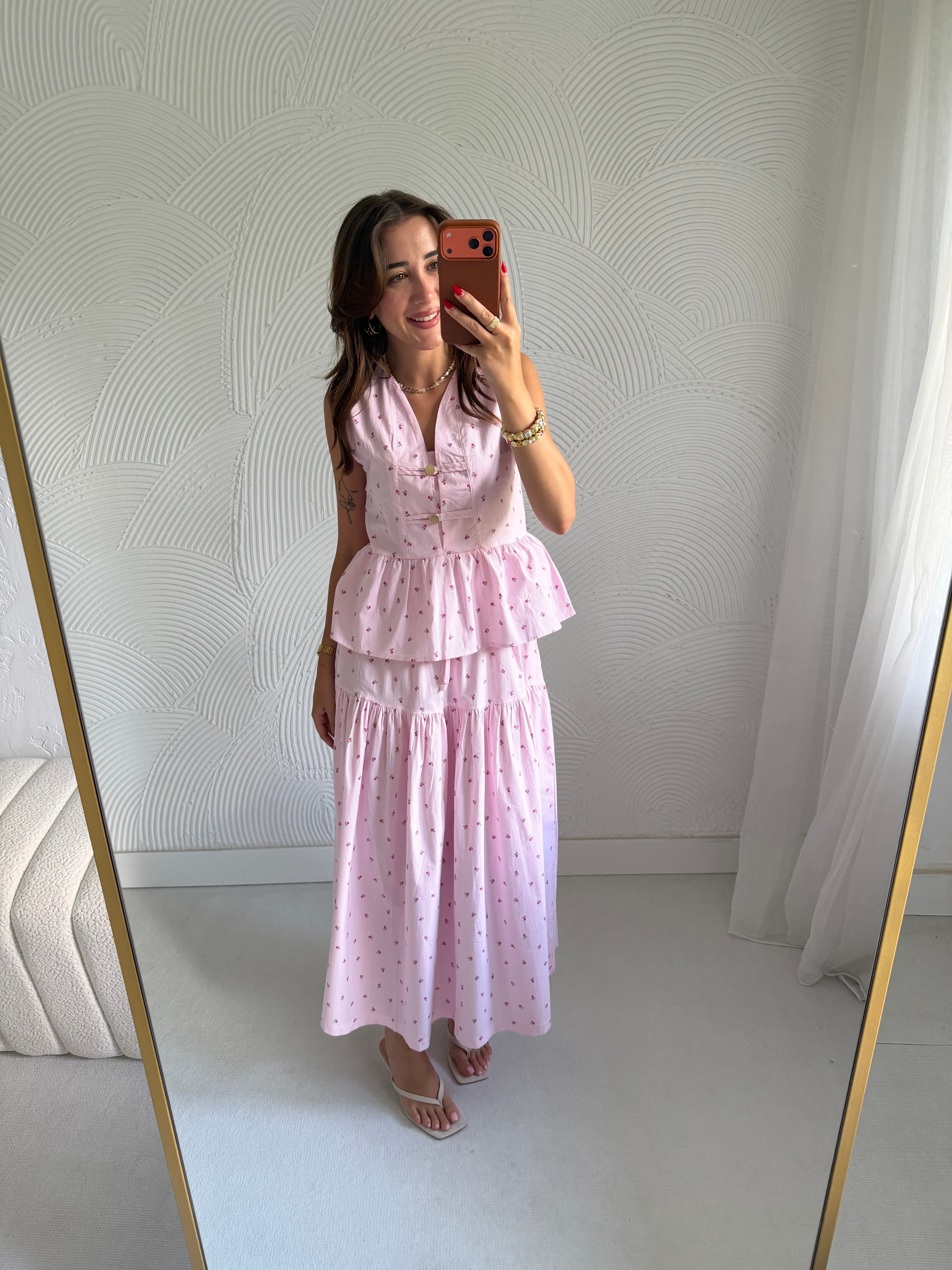 Pembe Çiçek Desenli Bluz Etek Takım