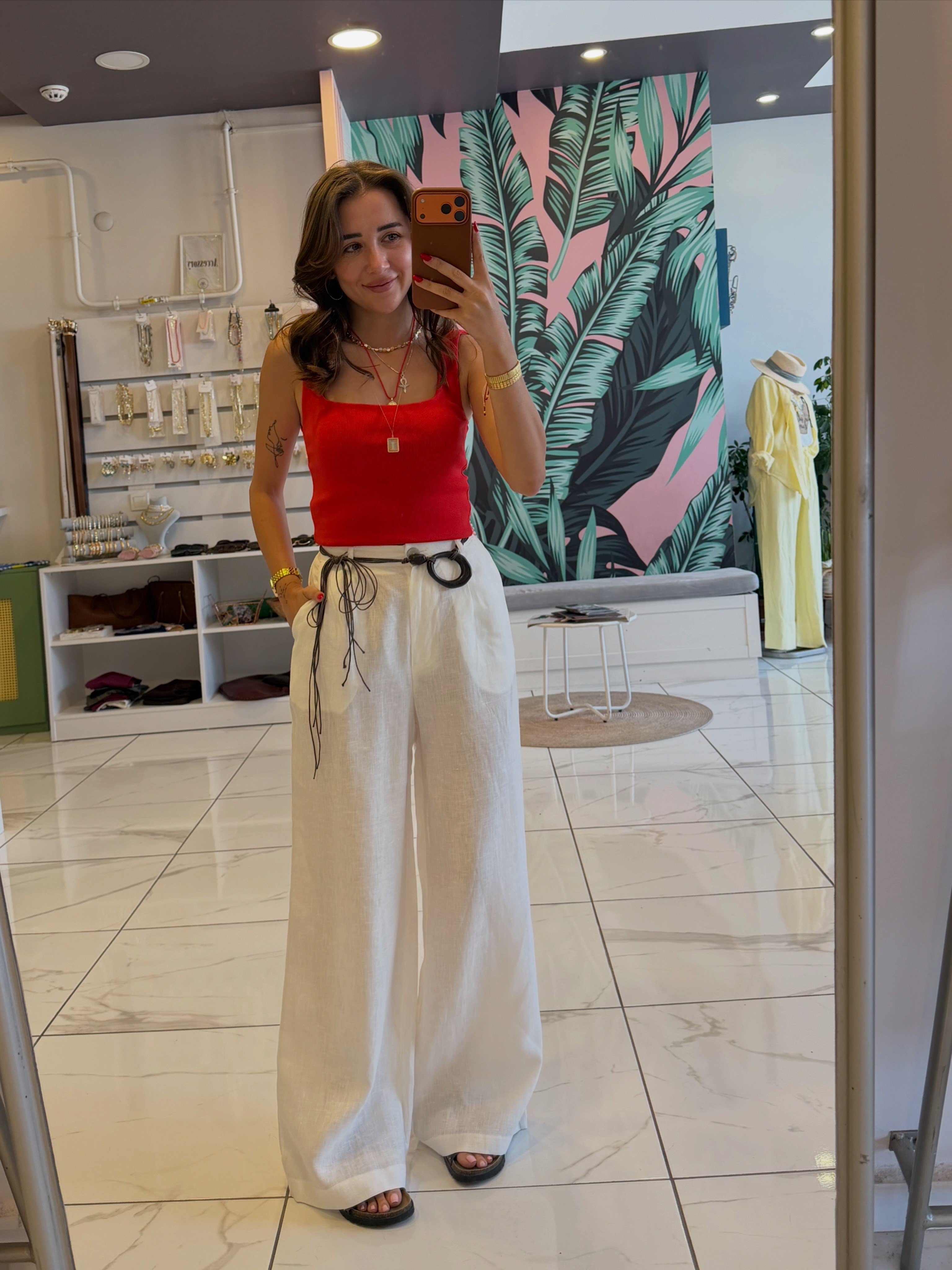 Premium Ham Keten Kemerli Beyaz Pantolon 