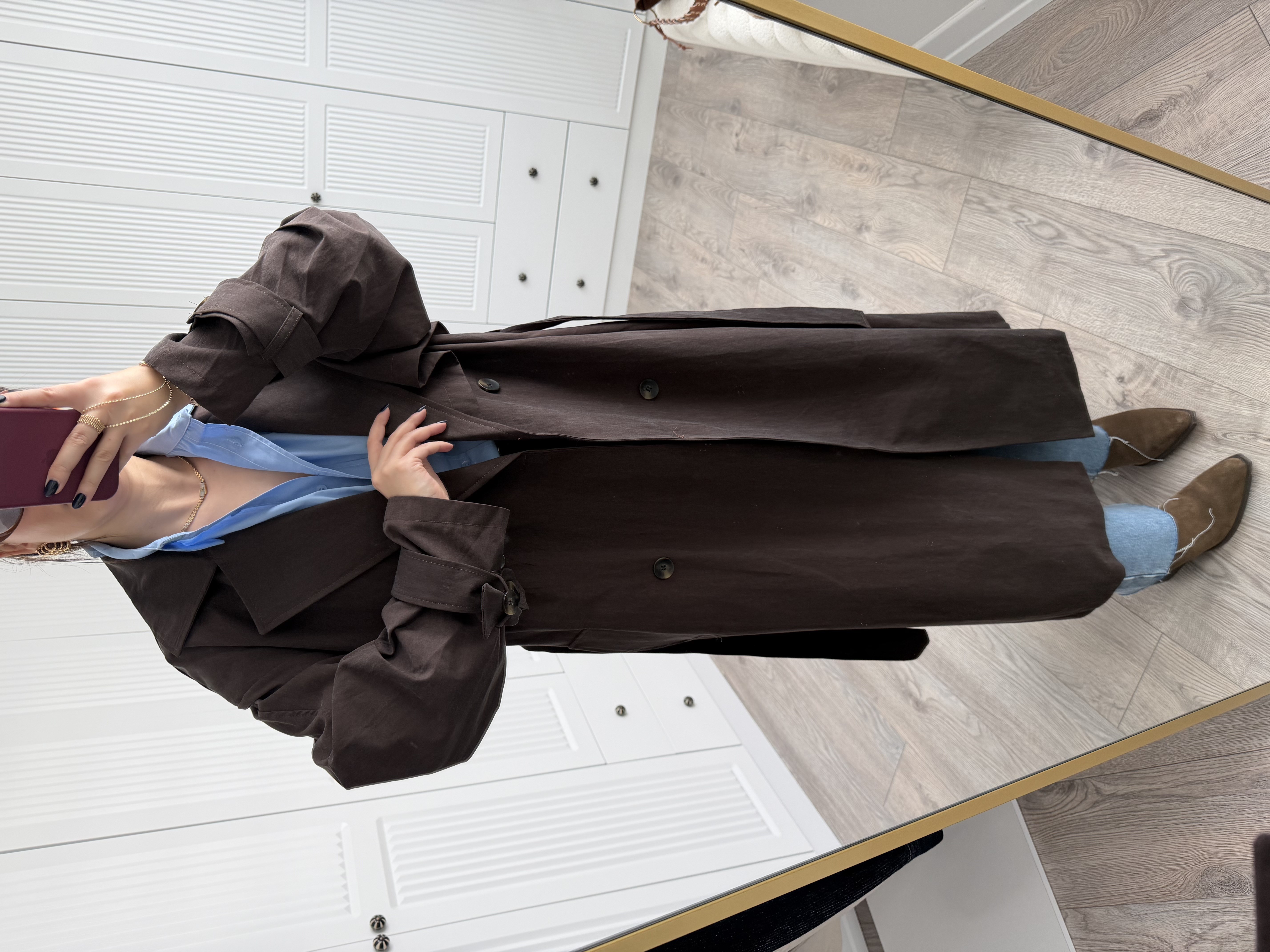 Premium Kalite Kahve Düğmeli Kuşaklı Uzun Trençkot 