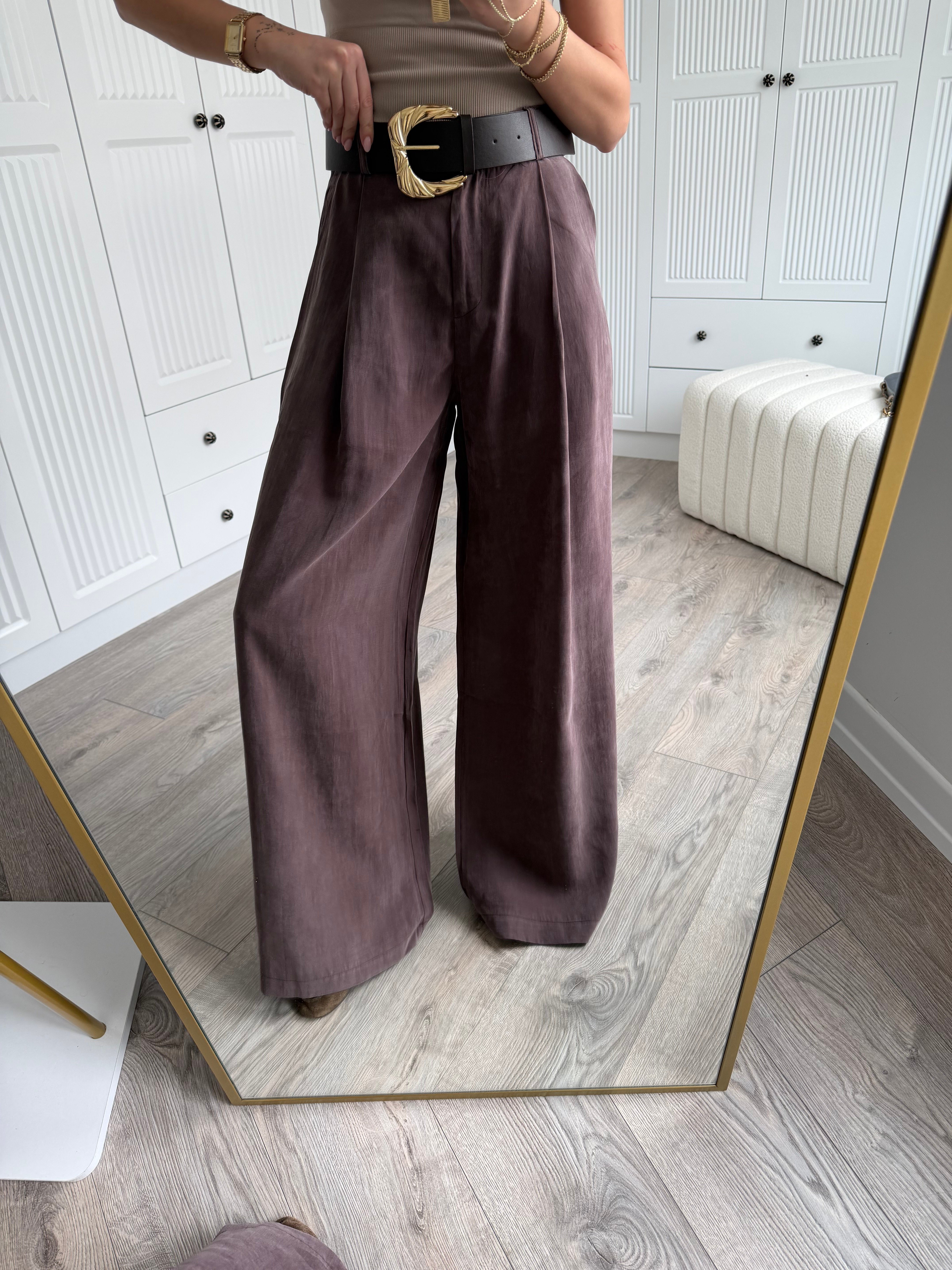 ZR Model Kemerli Kahve Geniş Paça Pantolon 