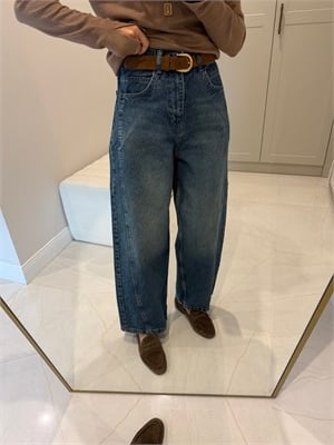 Barrel Kesim Mavi Yıkamalı Dikişli Jean