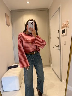 Bordo Pembe Çizgili Yazı Detaylı Basic