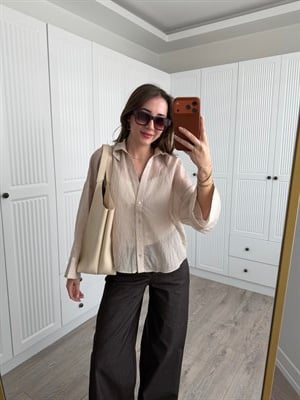 Çizgili Transparan Krem Gömlek