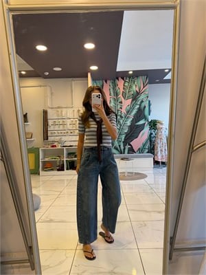 Dikiş Detaylı Mavi Baggy Jean