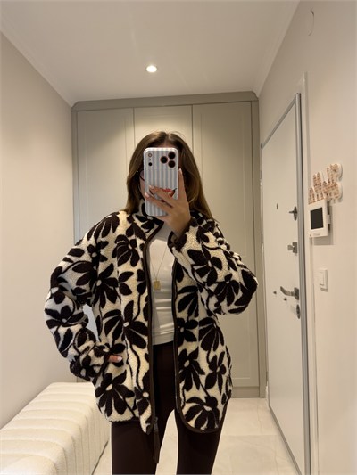 Kahve Çiçekli Polar Fermuarlı Ceket
