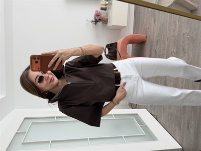 Kahve Fermuarlı Poplin Bluz