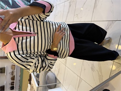 Pembe Polo Yaka Fermuarlı Çizgili Triko