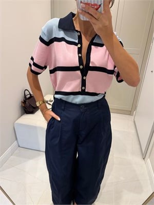 Polo Yaka Pembe Mavi Geçişli Triko