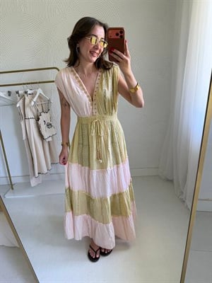 Yakası Boncuk İşlemeli Beli Lastikli Pembe Yeşil Keten Elbise 
