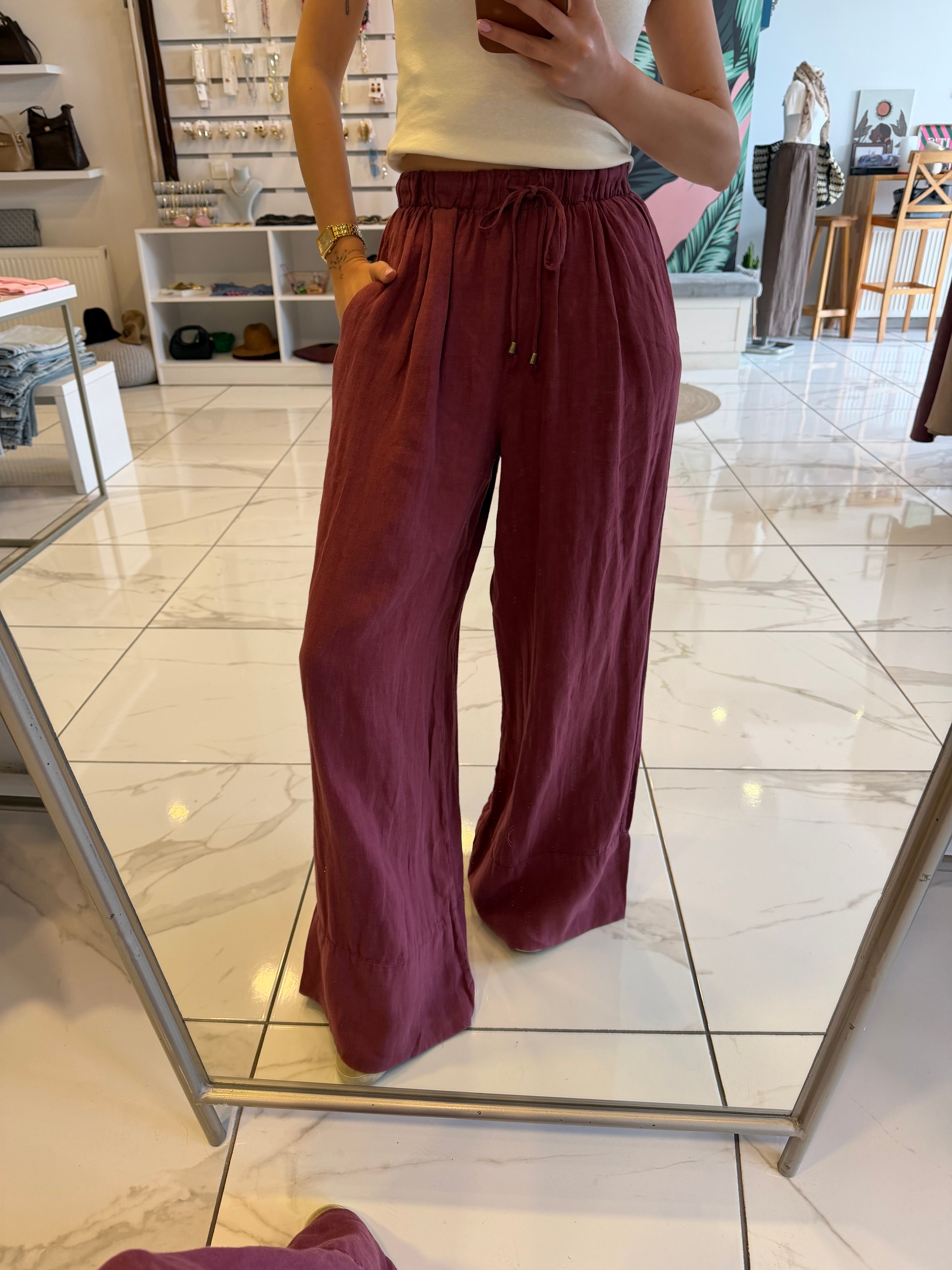 Bordo Ham Keten Geniş Paça Pantolon 