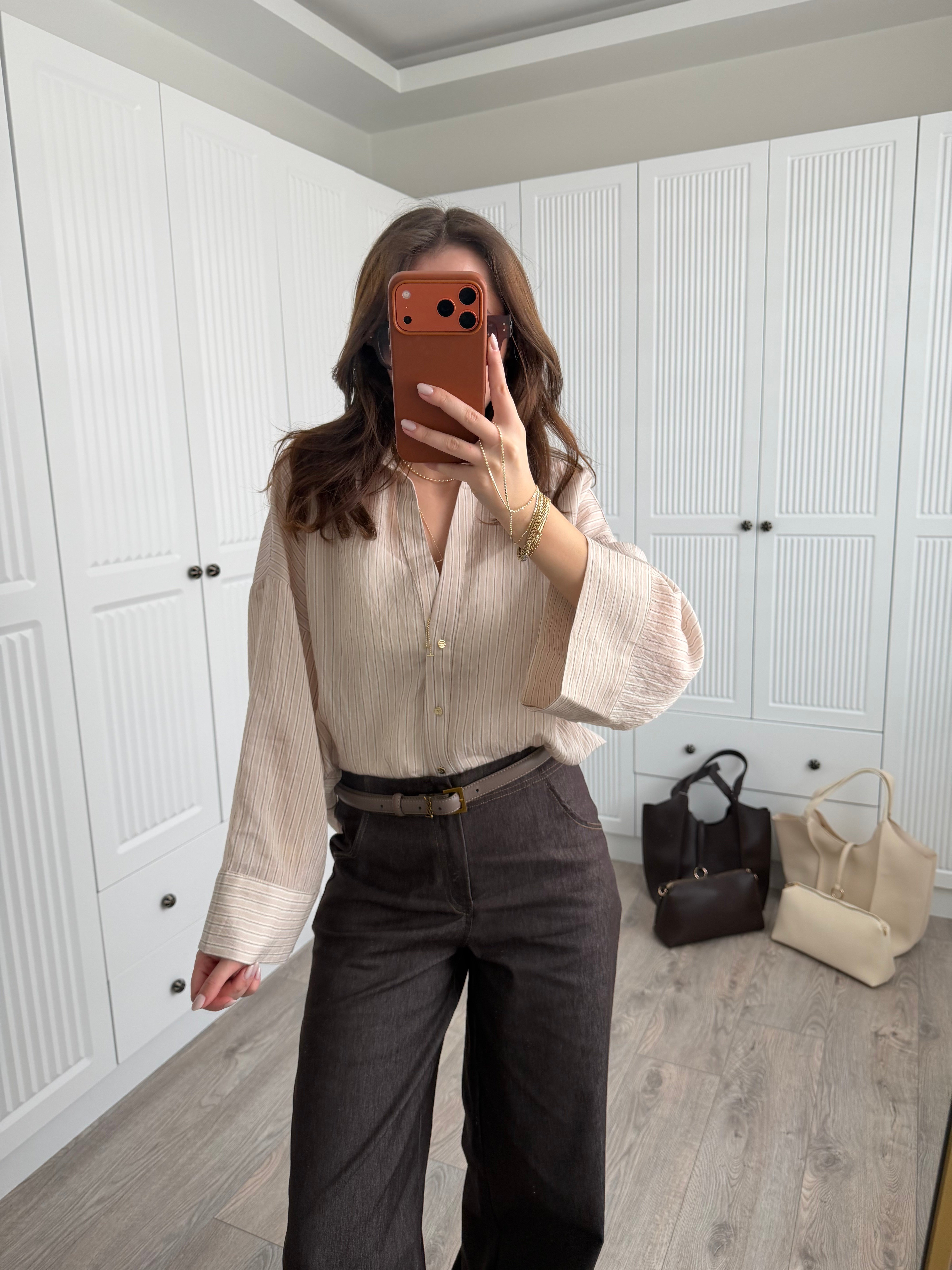 Çizgili Transparan Krem Gömlek