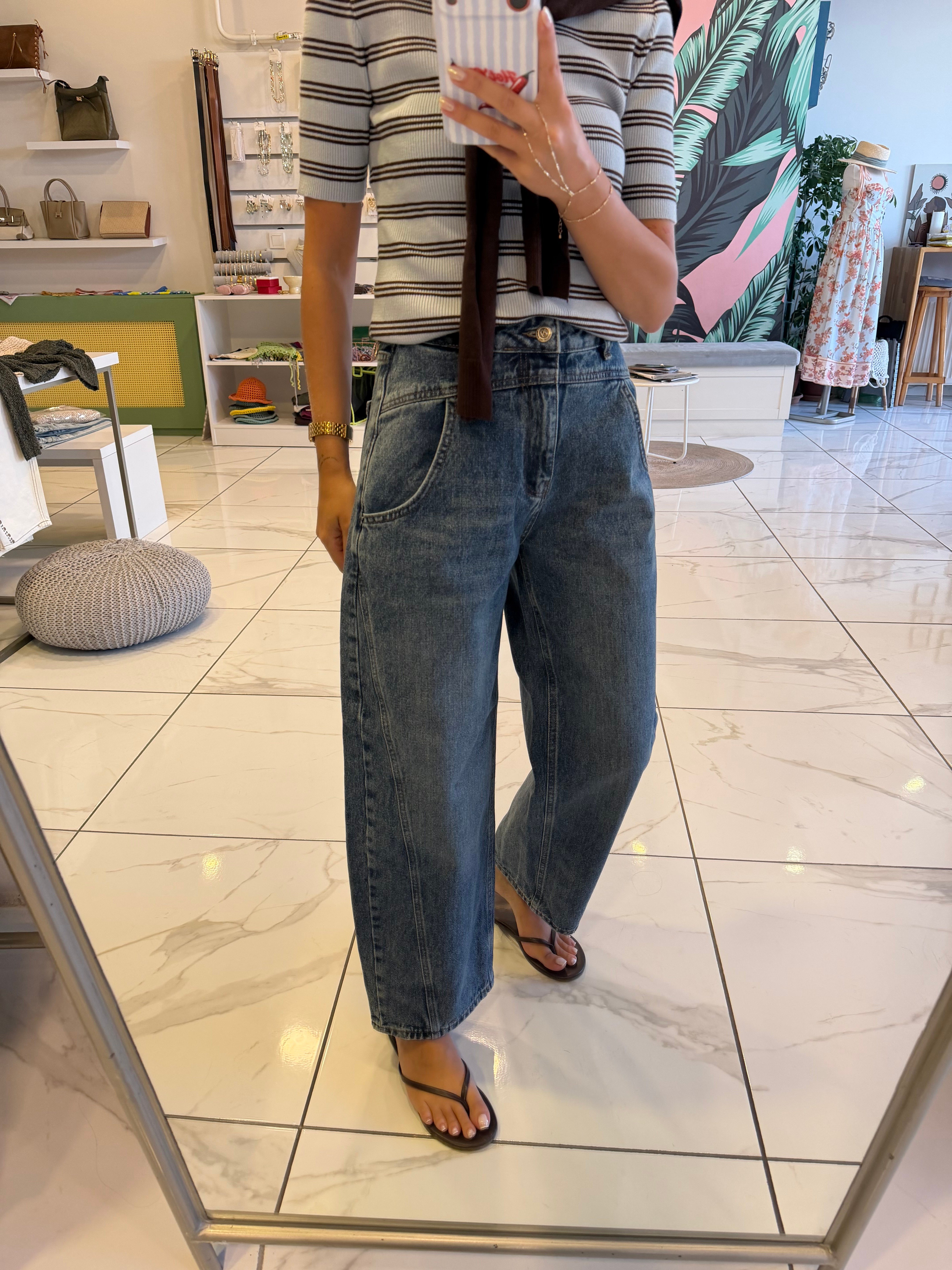 Dikiş Detaylı Mavi Baggy Jean