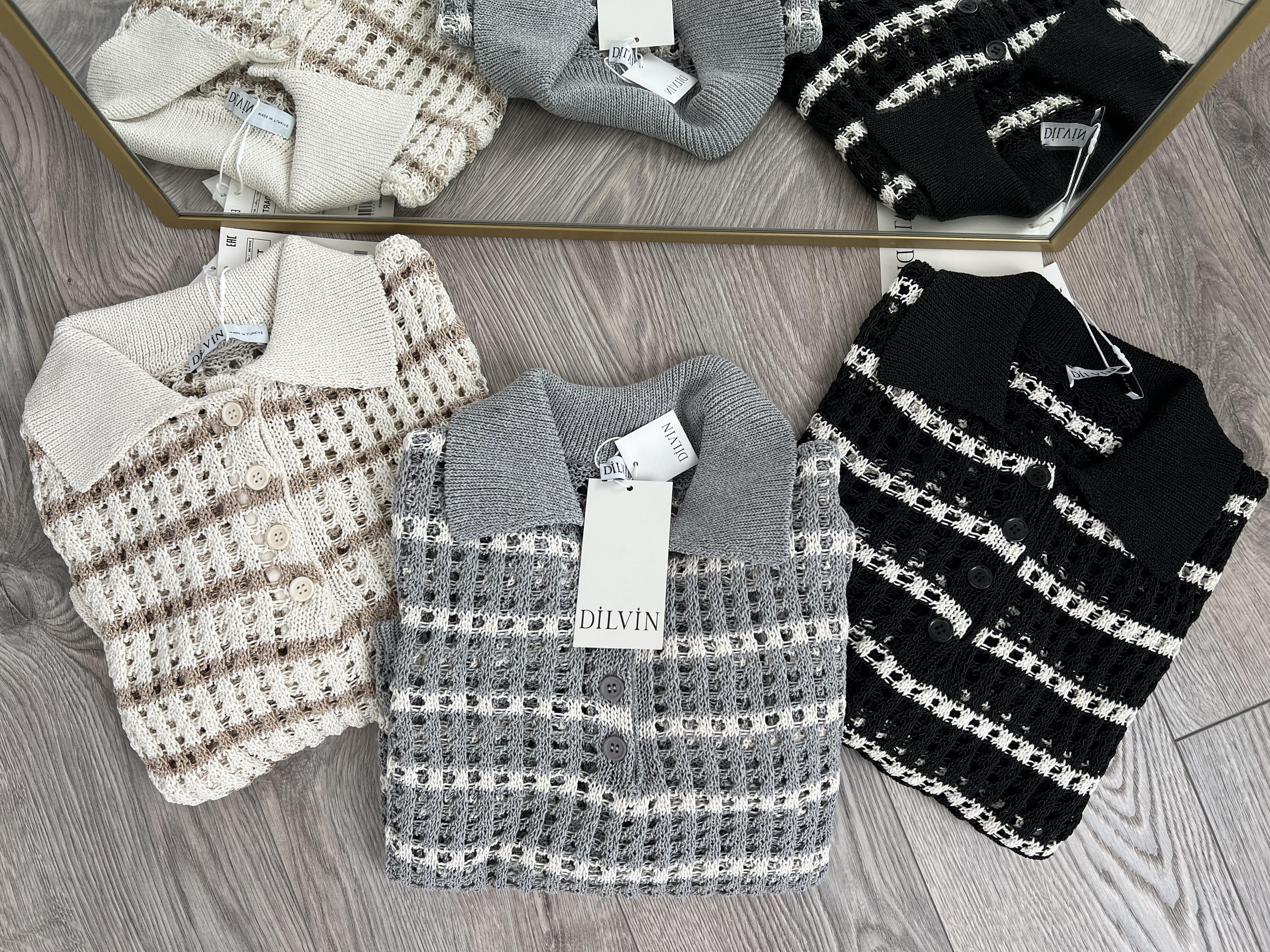 Dilvin Polo Yaka Delikli Siyah Çizgili Triko 