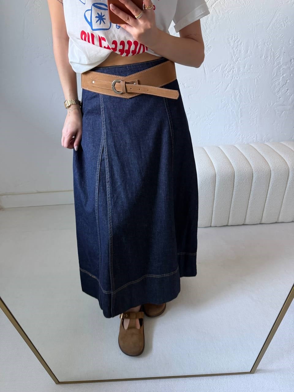 Dilvin Süet Kemerli Denim Etek