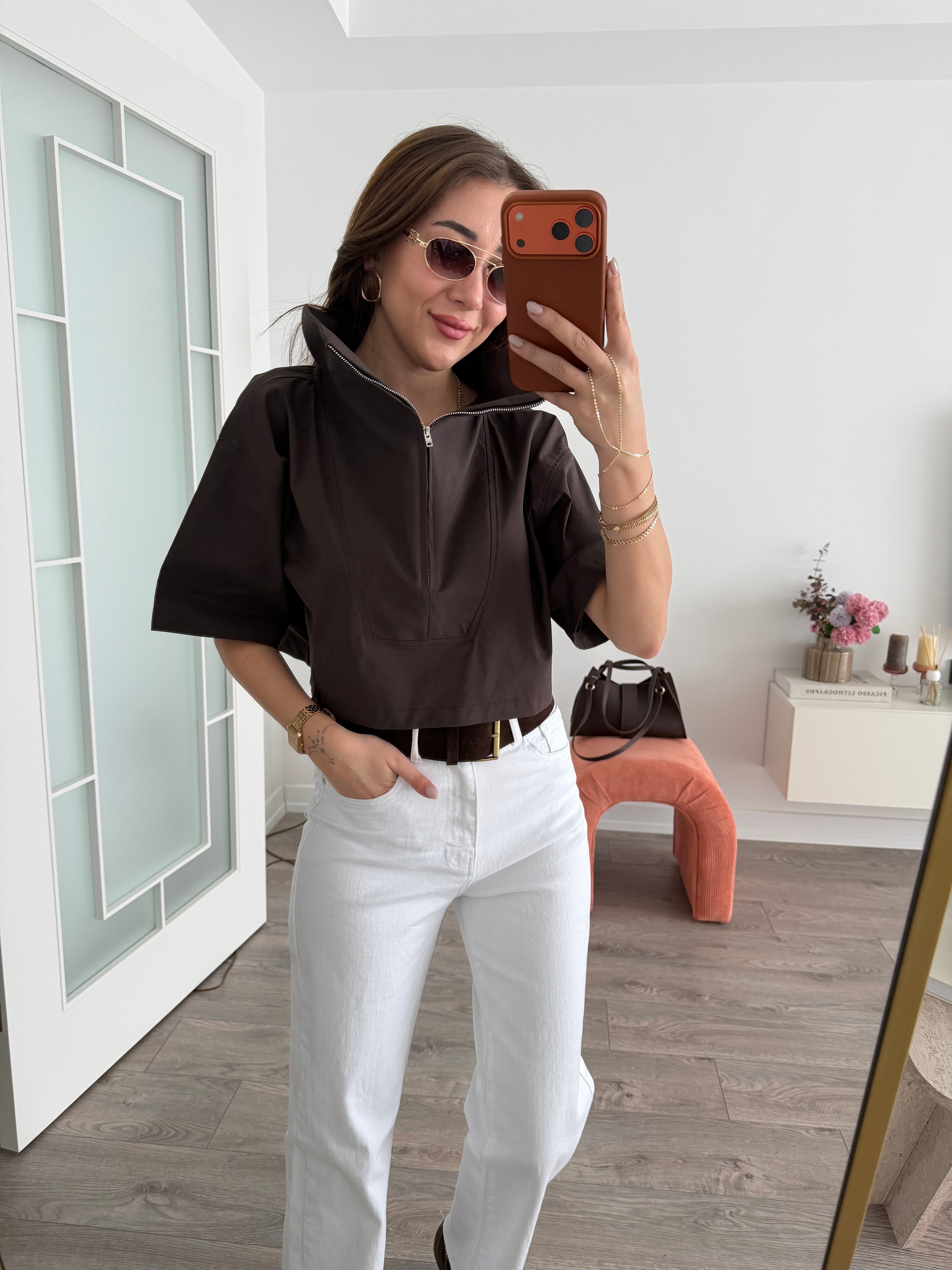 Kahve Fermuarlı Poplin Bluz