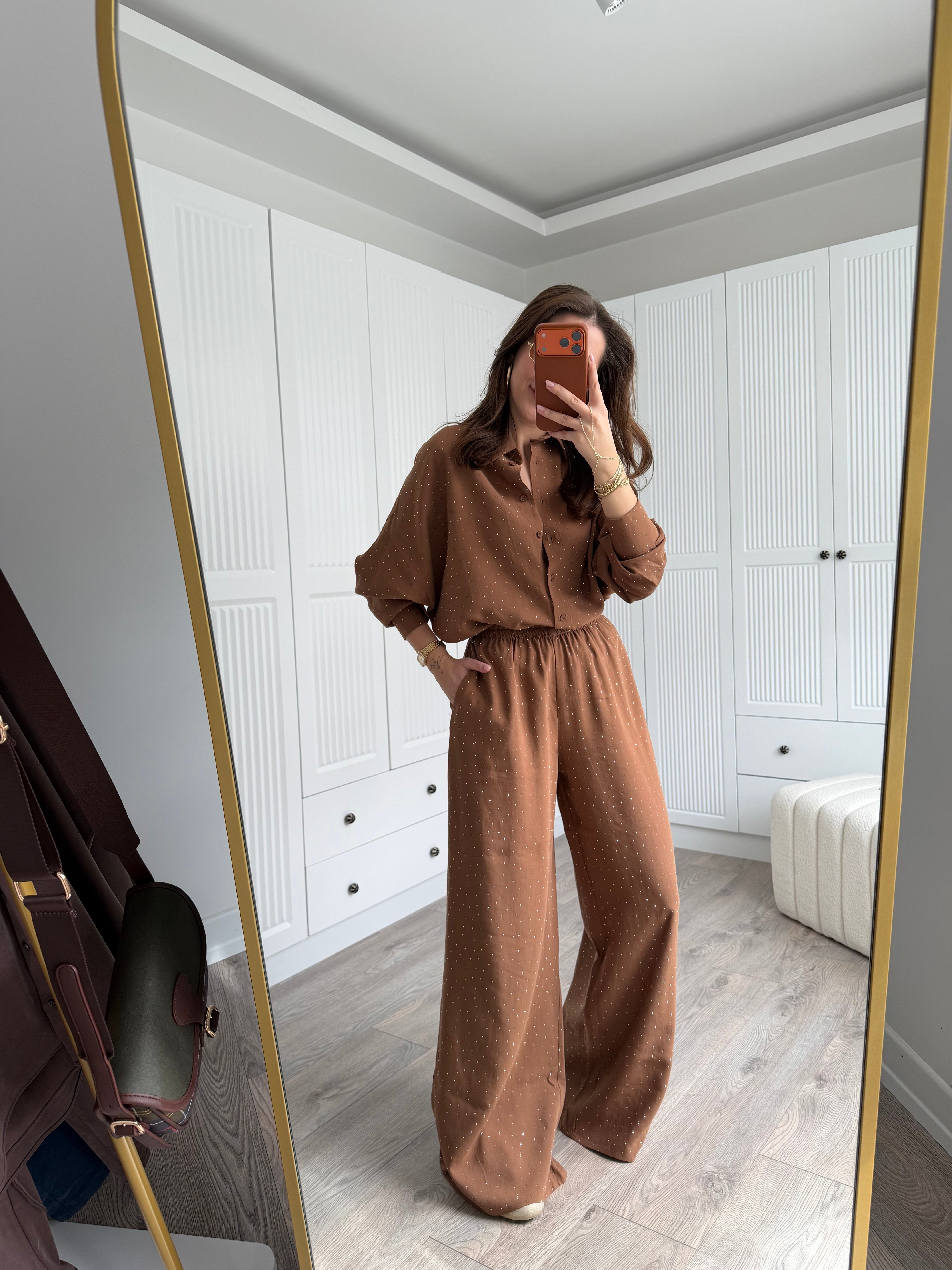 Kahve Taşlı Gömlek Pantolon Tensel Takım