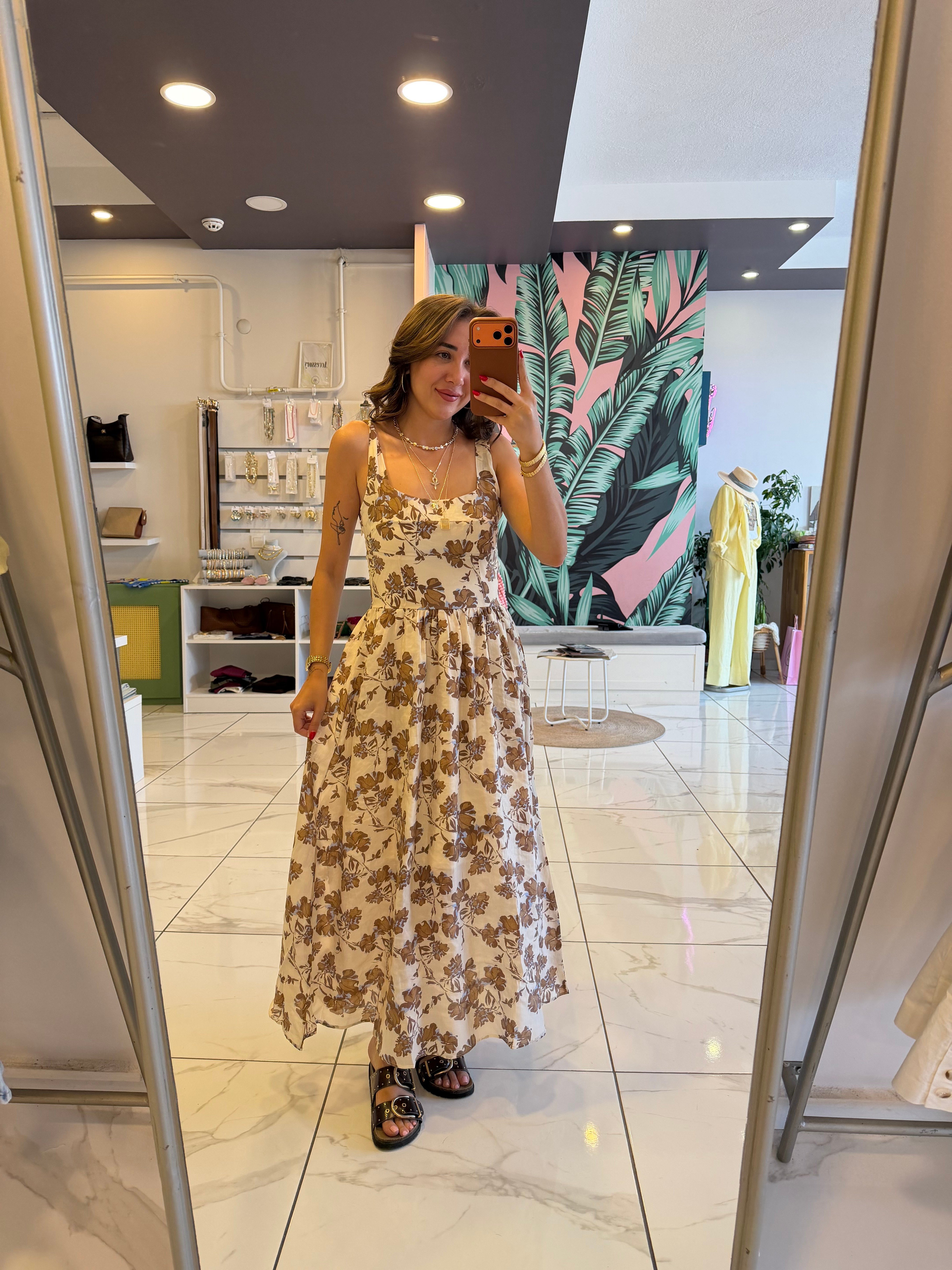 Kare Yaka Kahve Desenli Keten  Elbise 