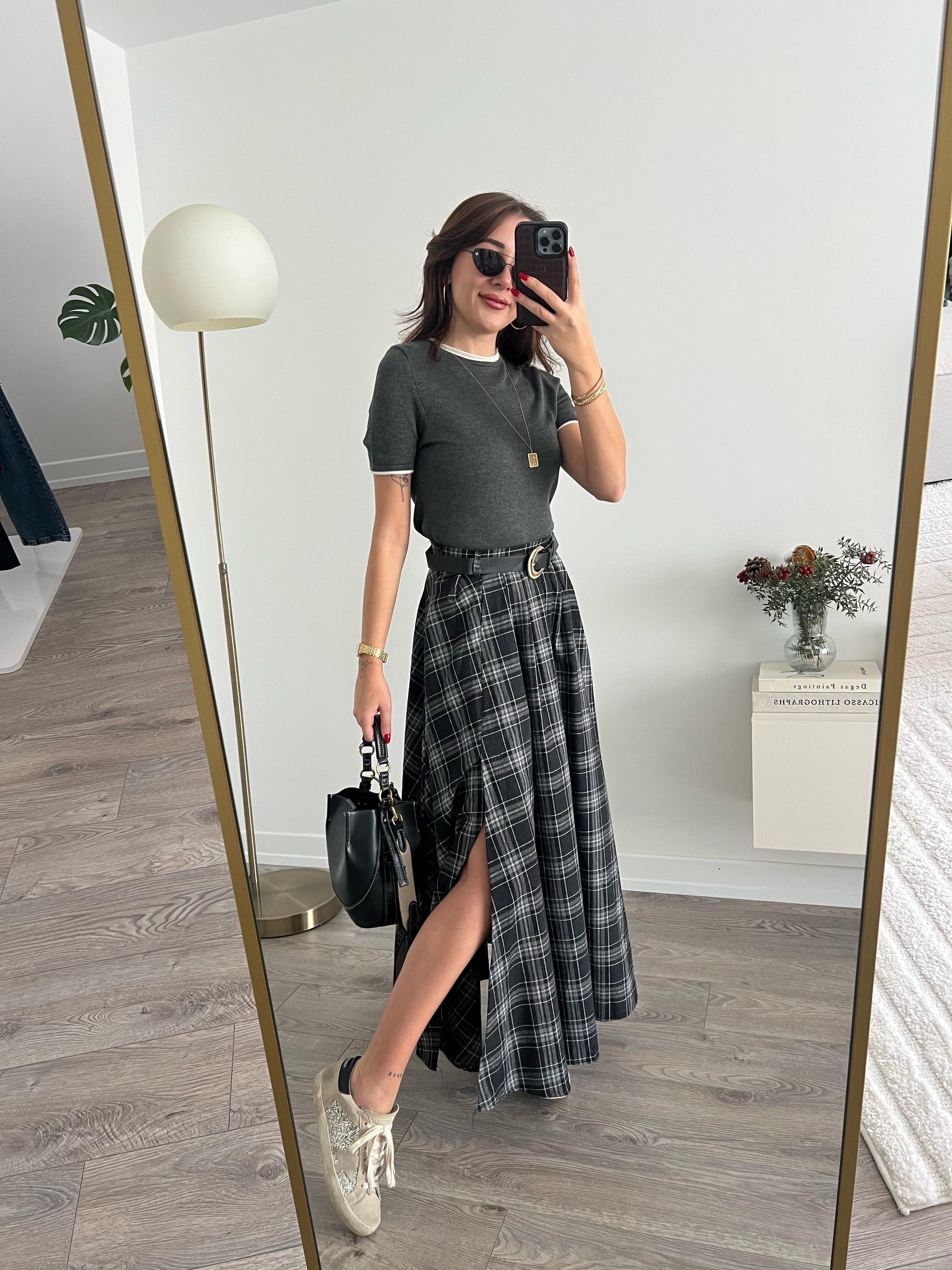 Kemerli Ekose Desen Yırtmaçlı Etek