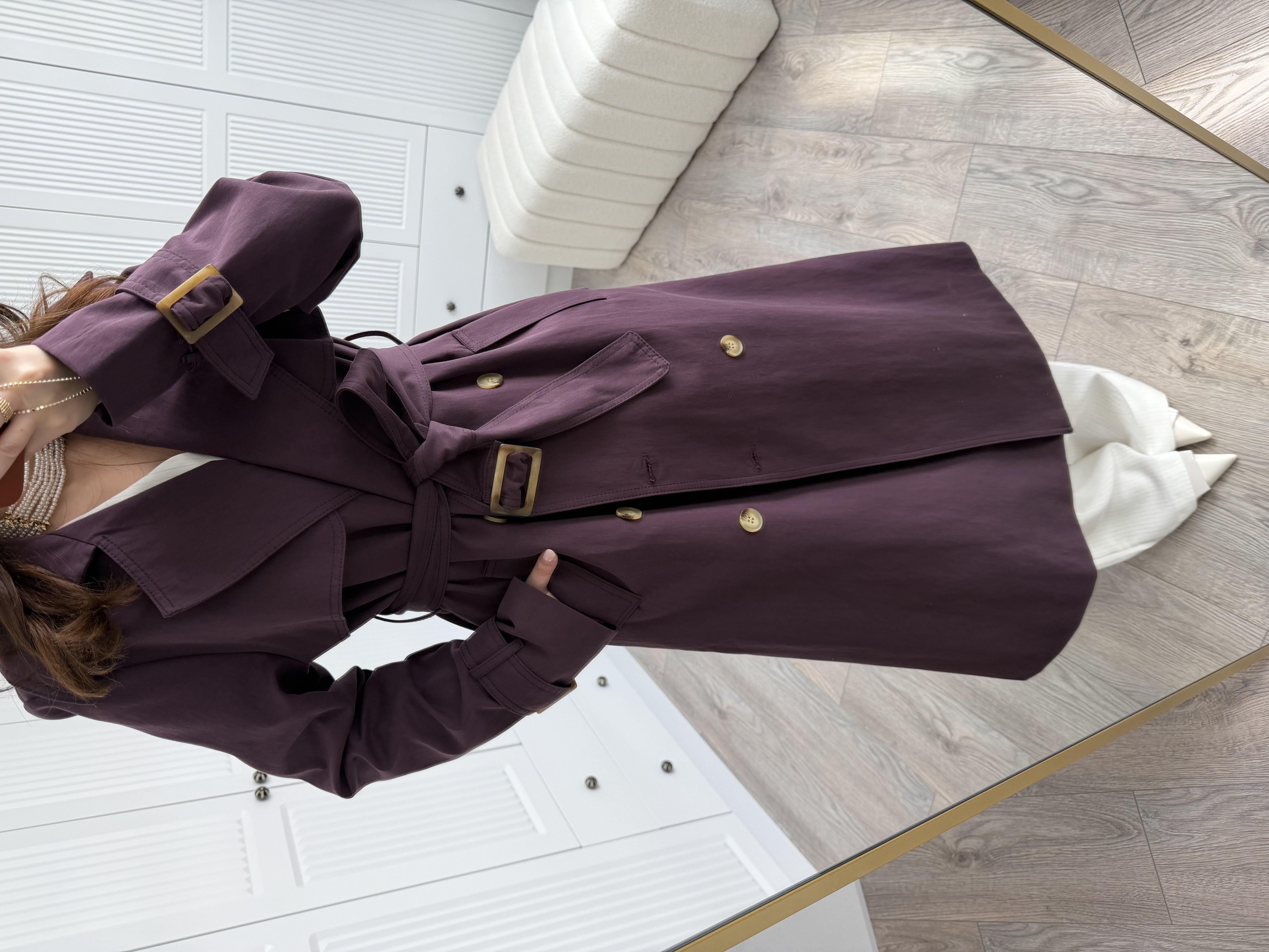 Massmo Premium Mürdüm Düğmeli Kuşaklı Trençkot