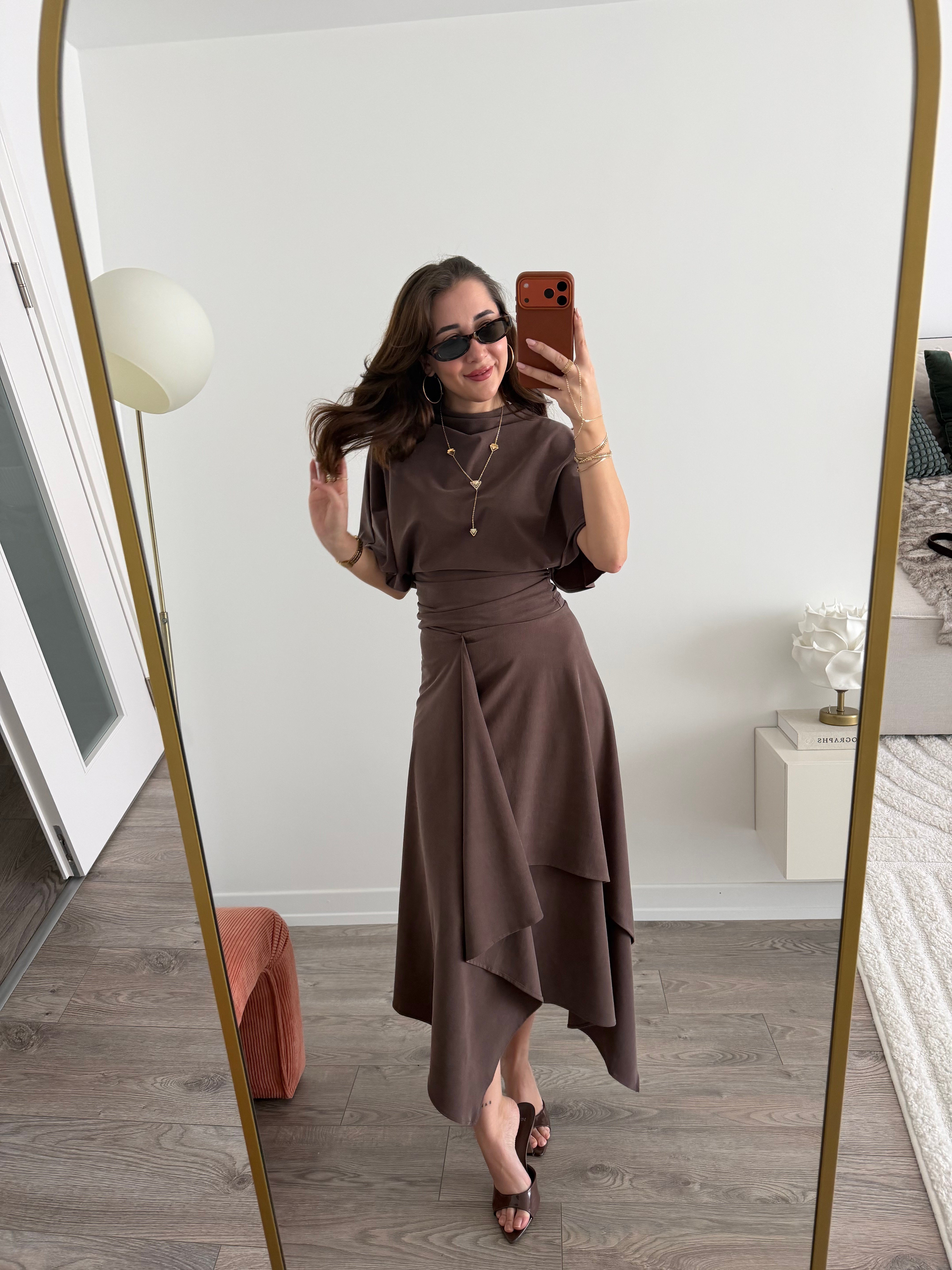 Modal Kumaş Kahve Bluz Etek Takım