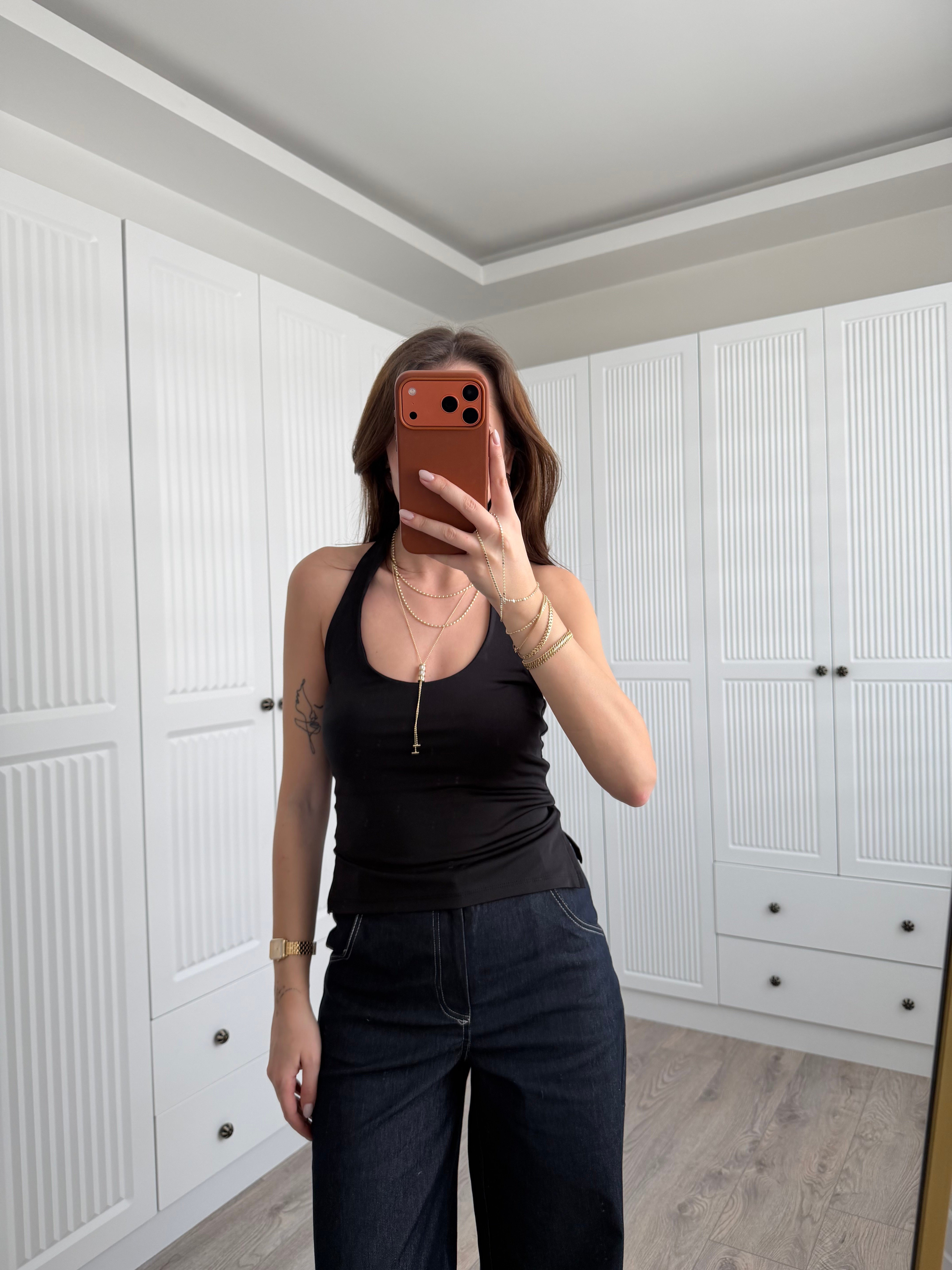 Siyah Halter Yaka Likralı Bluz