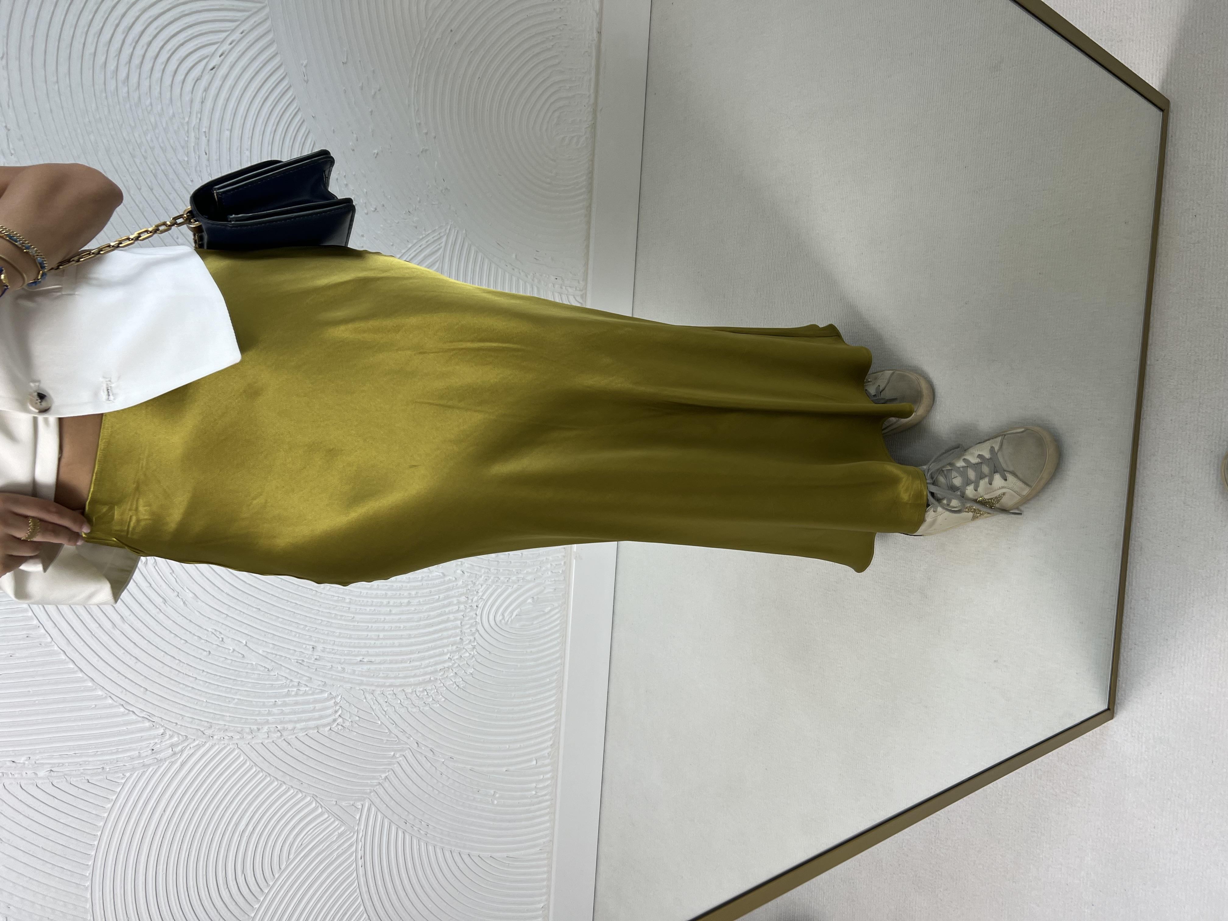 Yağ Yeşili Beli Lastikli Maksi Saten Etek