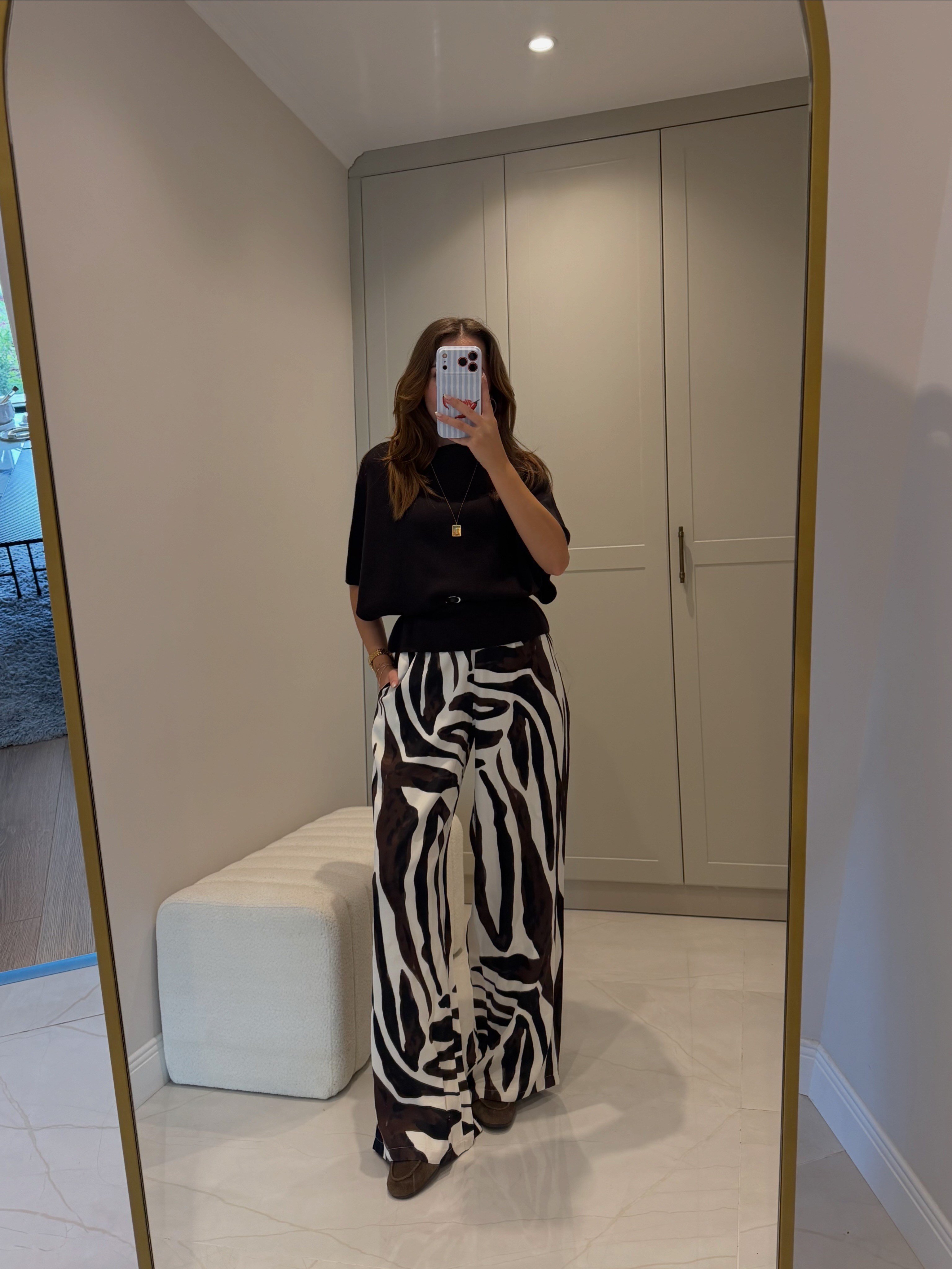 Zebra Desen Tok Saten Lastikli Pantolon 