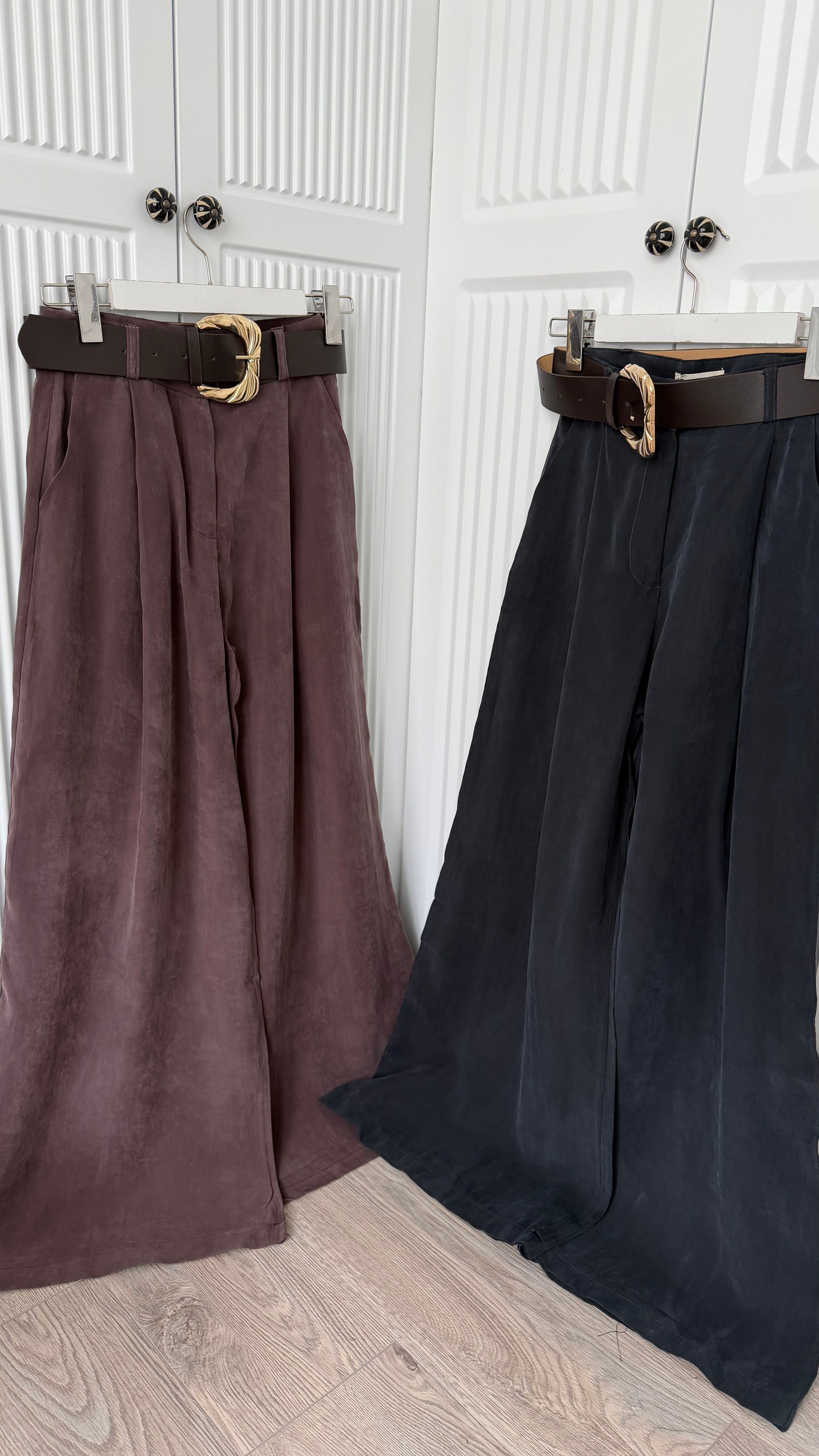 ZR Model Kemerli Kahve Geniş Paça Pantolon 