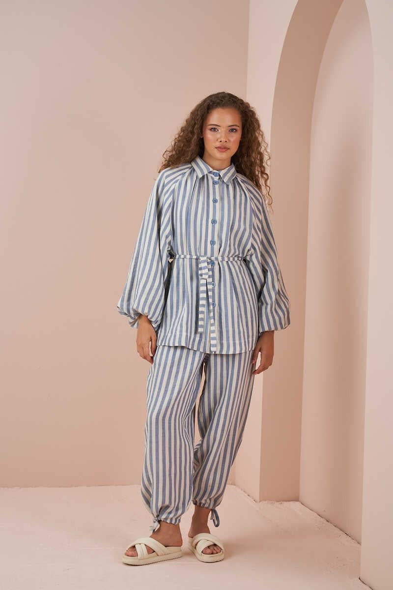 Laced Striped Muslin Shawlvar Trousers Blue