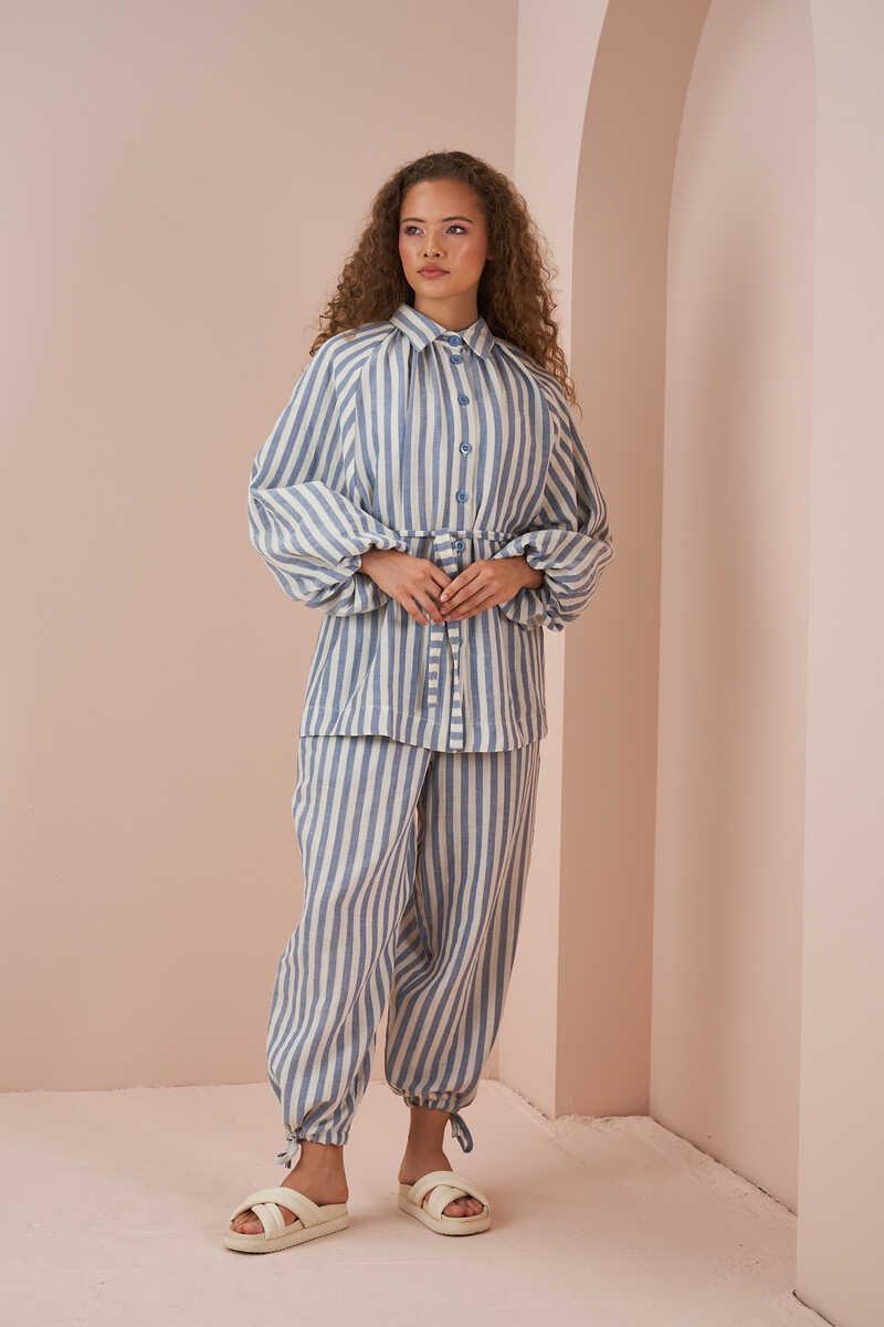 Laced Striped Muslin Shawlvar Trousers Blue