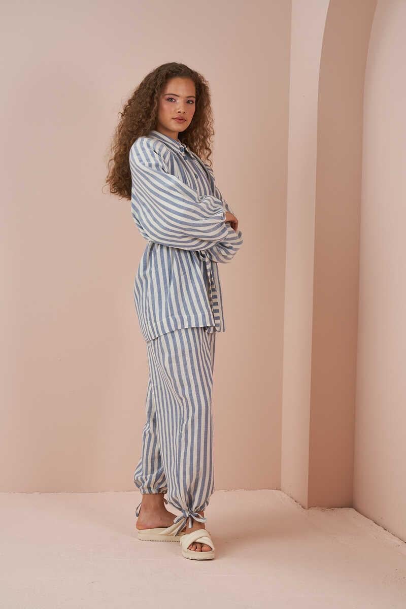 Laced Striped Muslin Shawlvar Trousers Blue