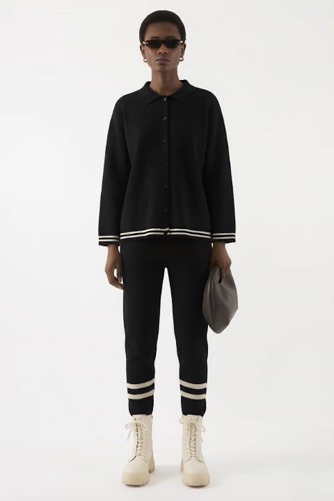 Çizgili Triko Pantolon Siyah