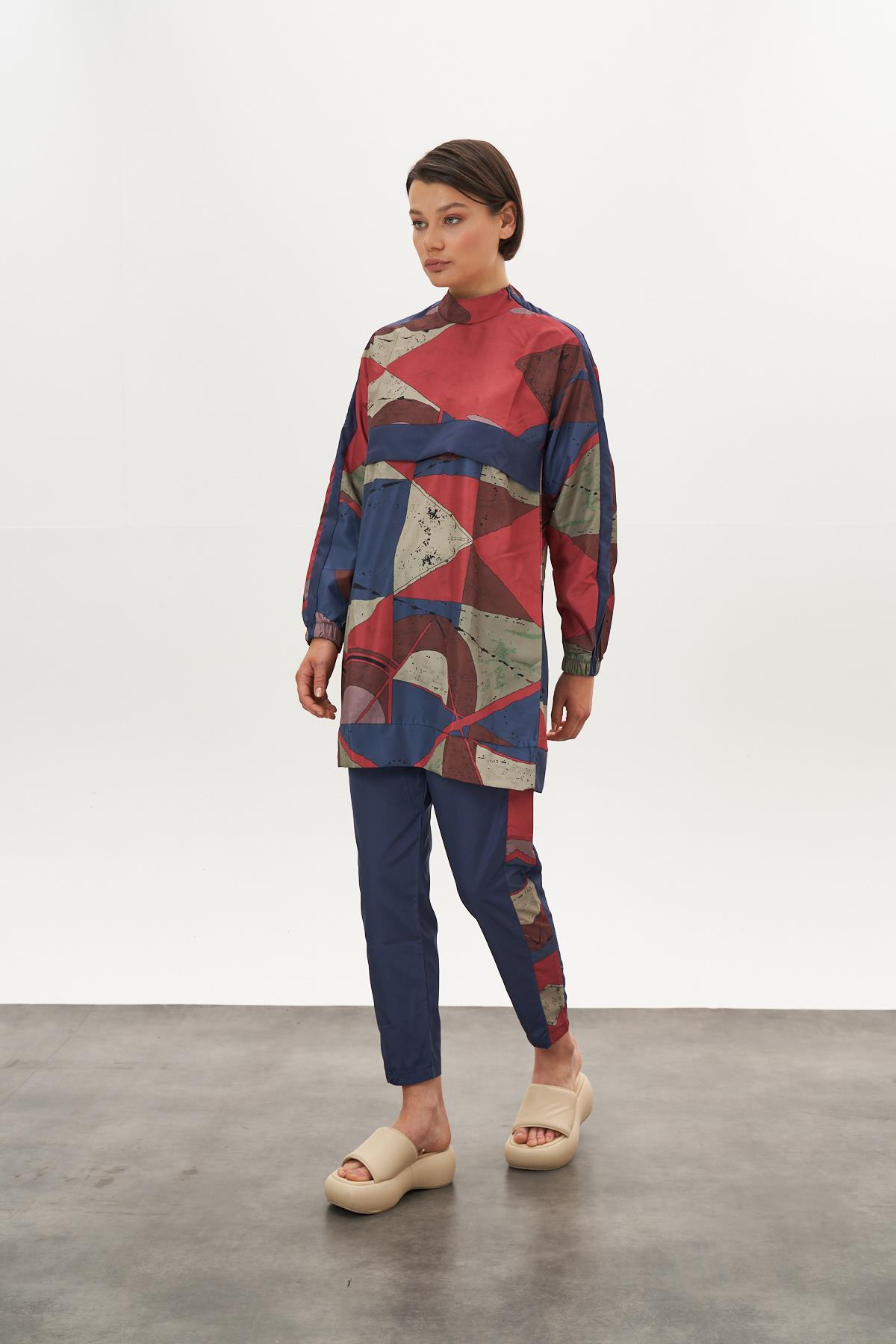 Desenli Tesettür Mayo Mavi Kısa