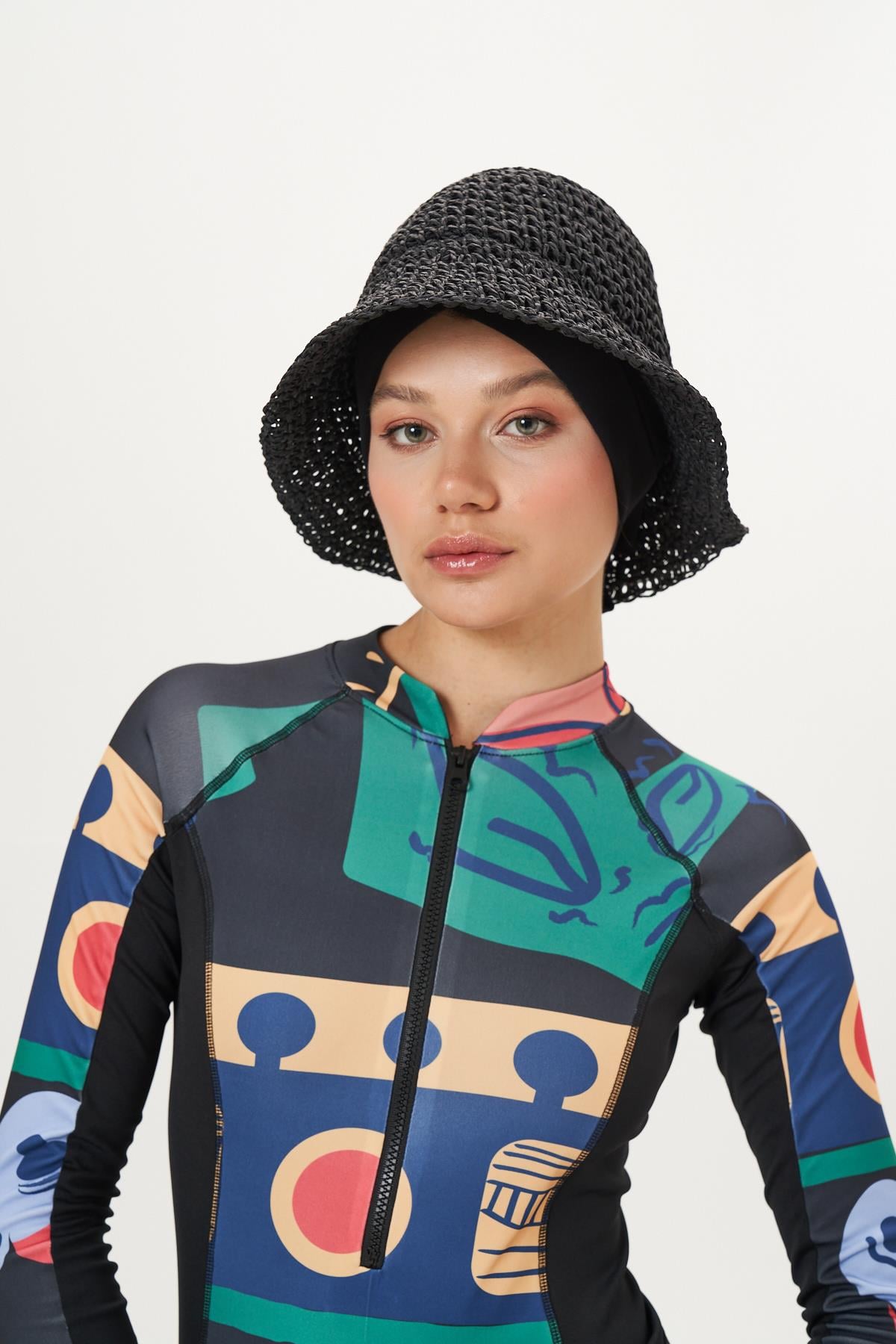 El Örgü Hasır Şapka Siyah