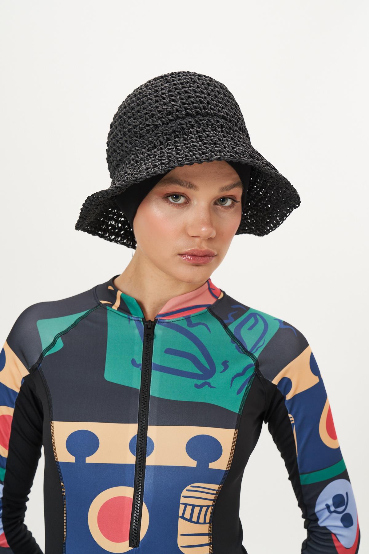 El Örgü Hasır Şapka Siyah