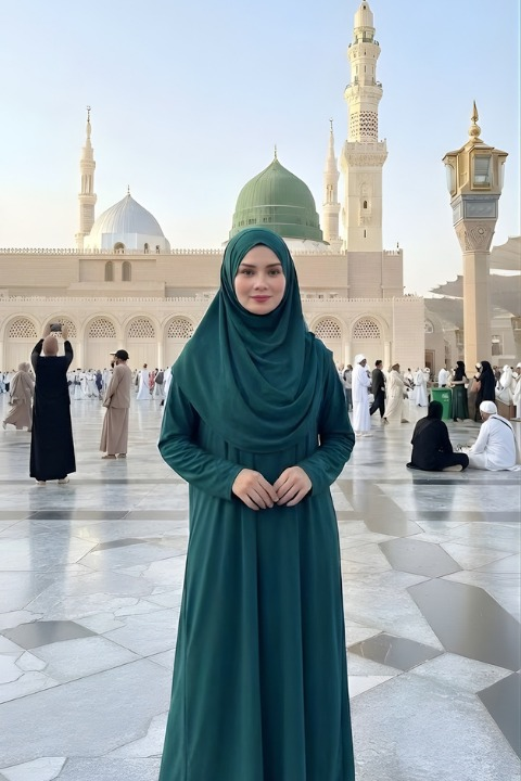 Hazır Şallı Tek Parça Namaz Elbisesi Petrol Yeşili