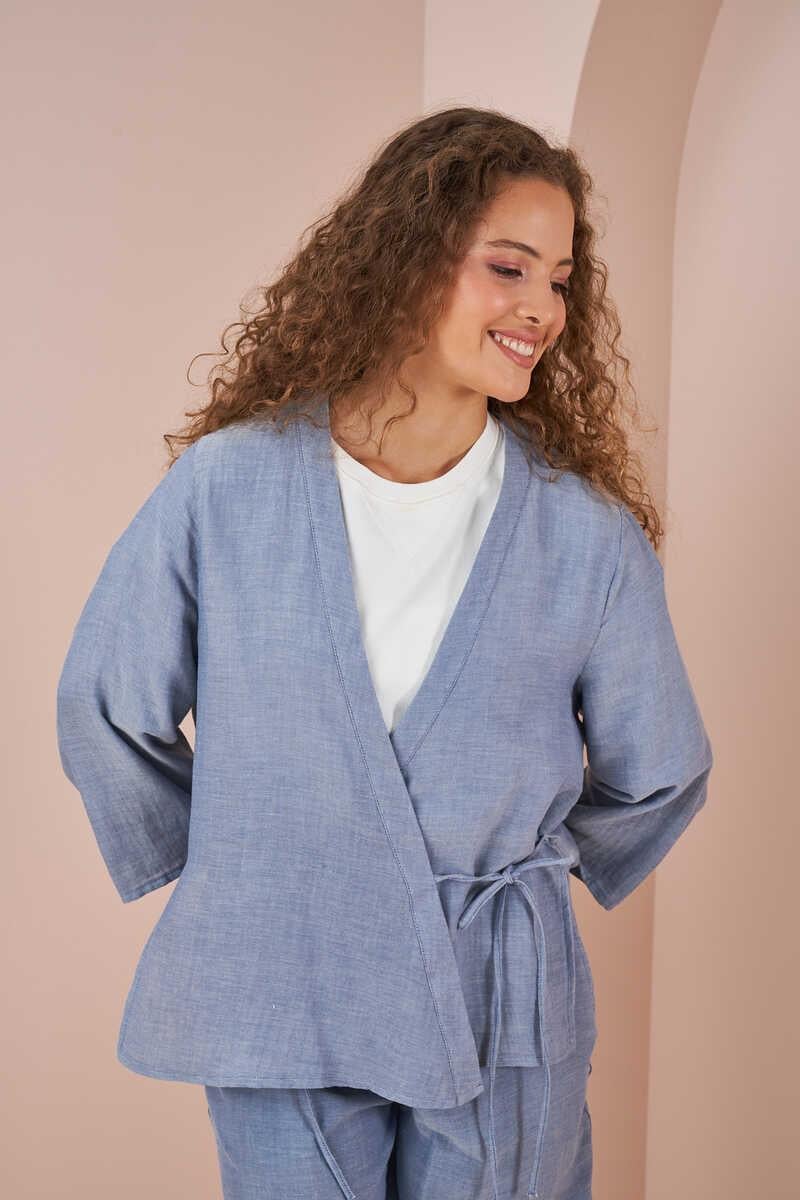 Kruvaze Kimono Müslin Bluz Mavi
