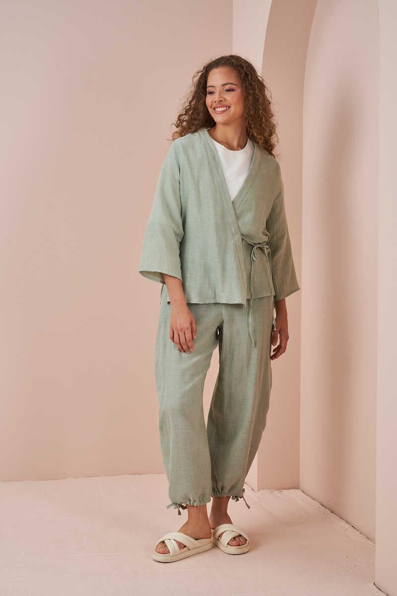 Kruvaze Kimono Müslin Bluz Yeşil