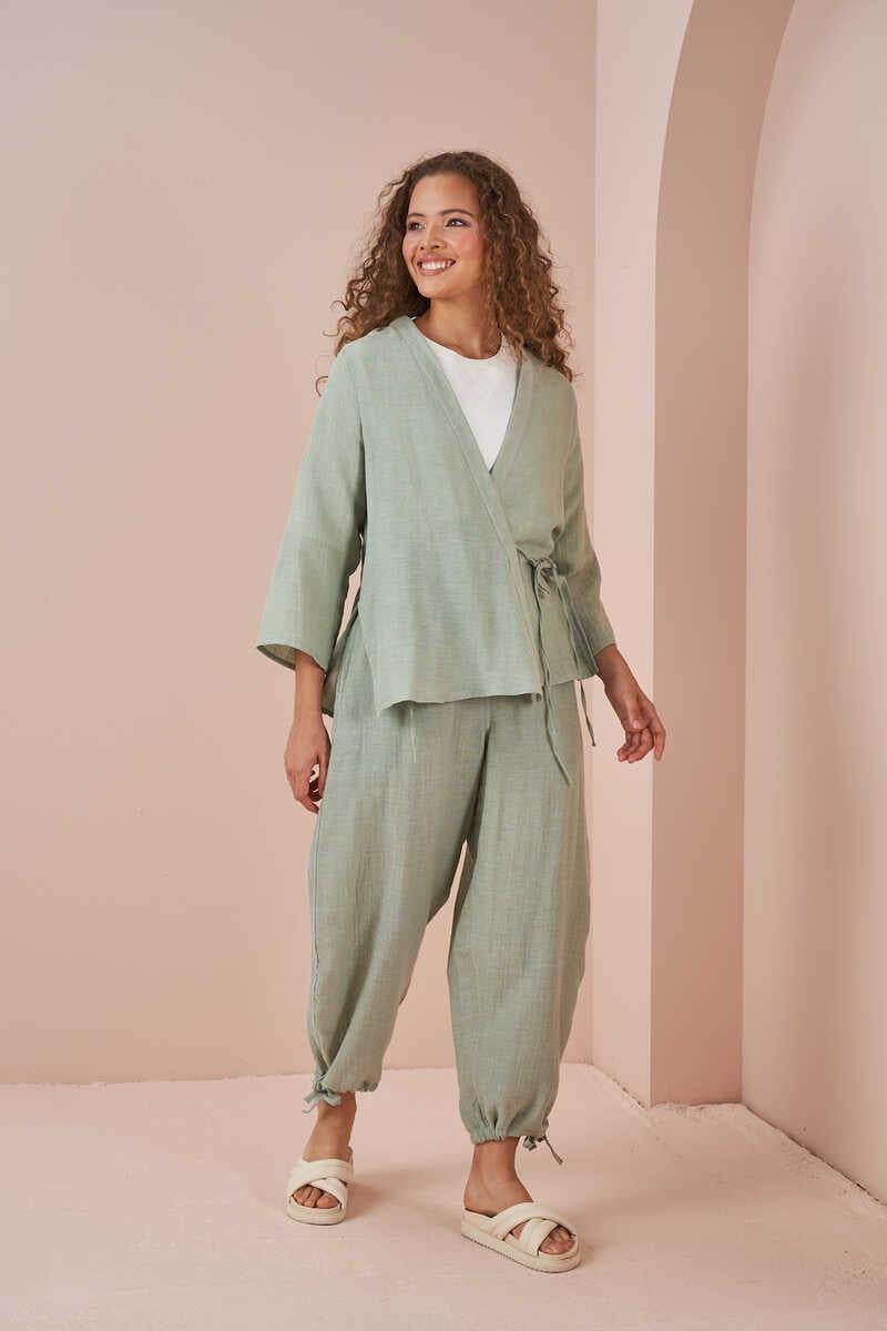 Kruvaze Kimono Müslin Bluz Yeşil