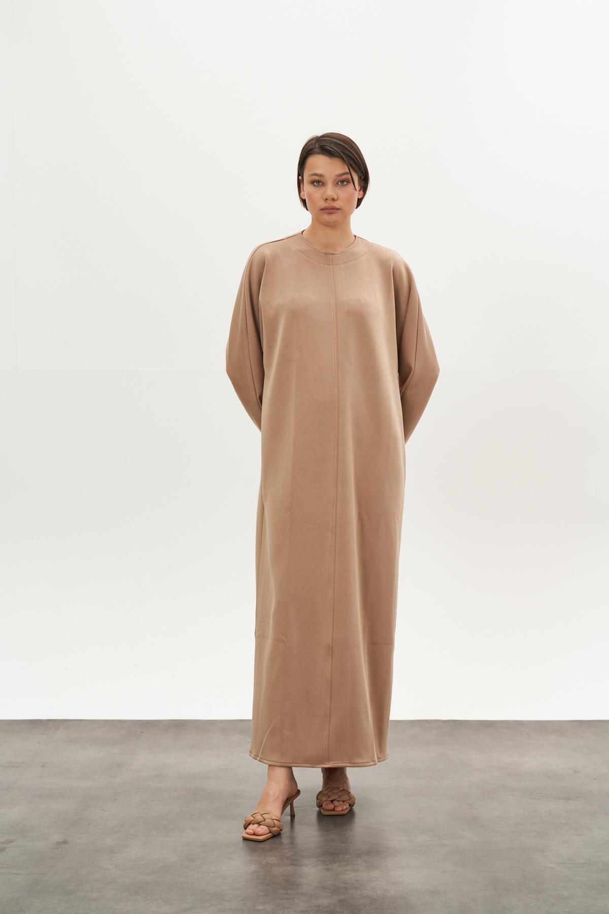 Önü Dikişli Modal Elbise Camel