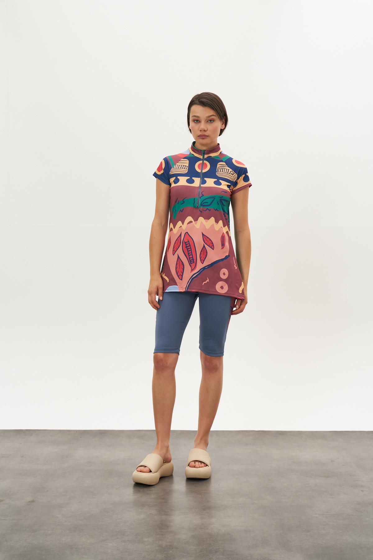 Oyun Desen Yarı Kapalı Mayo GülKurusu