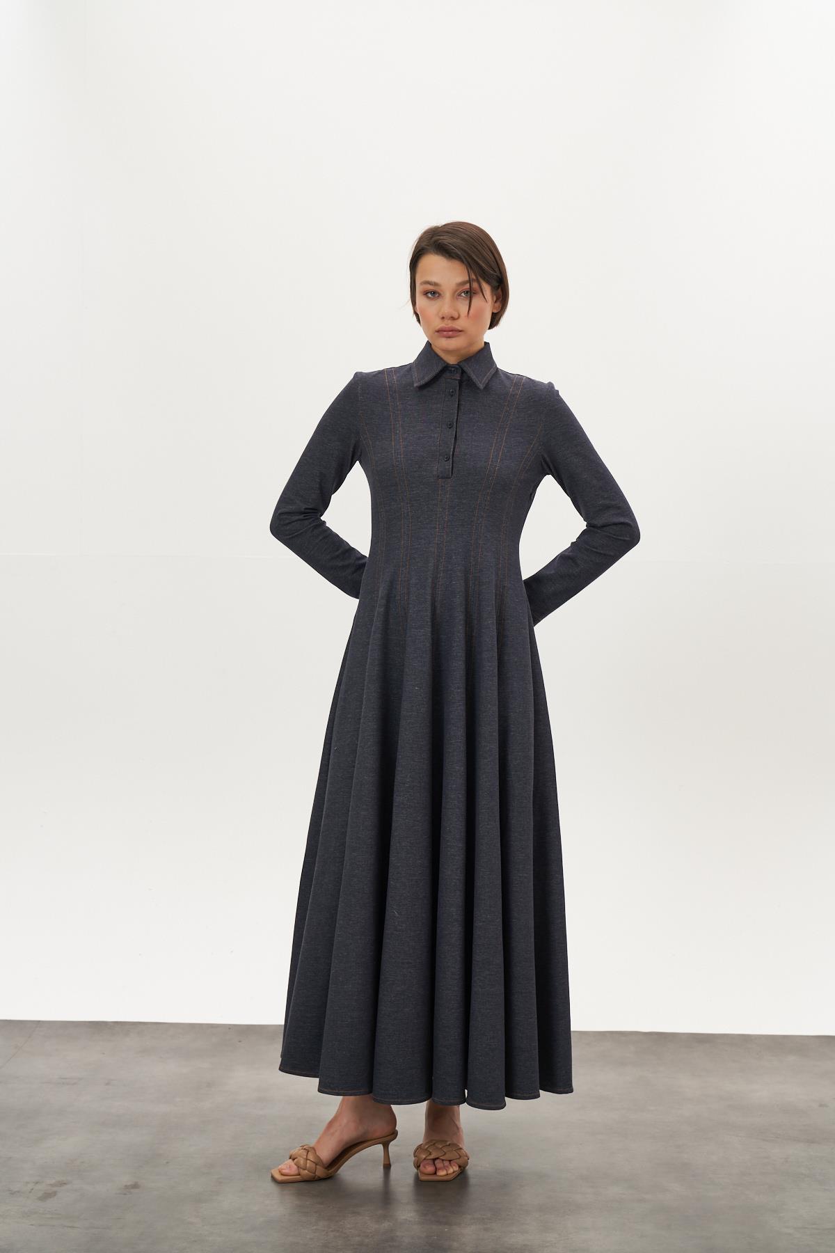 Parçalı Denim Elbise Koyu Mavi