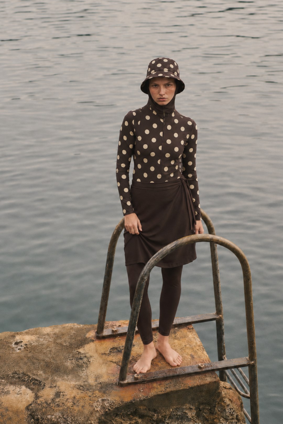 PEARL DOT | Butter Yellow Puantiyeli Kahve Yüzücü Tesettür Mayo 5 li Set