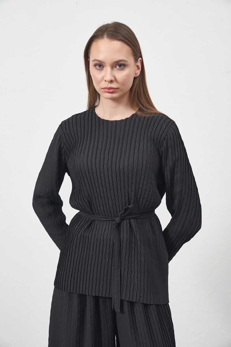Pliseli Bluz Siyah