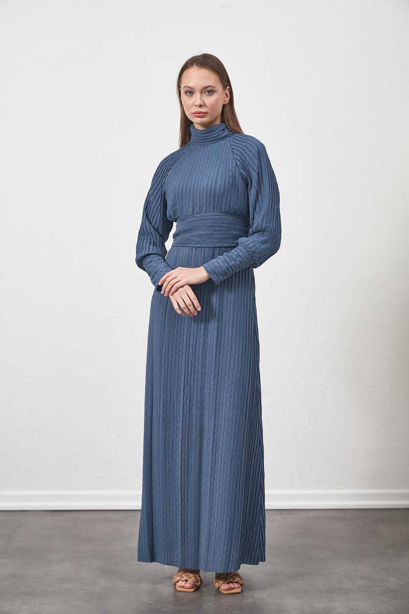 Pliseli Elbise İndigo