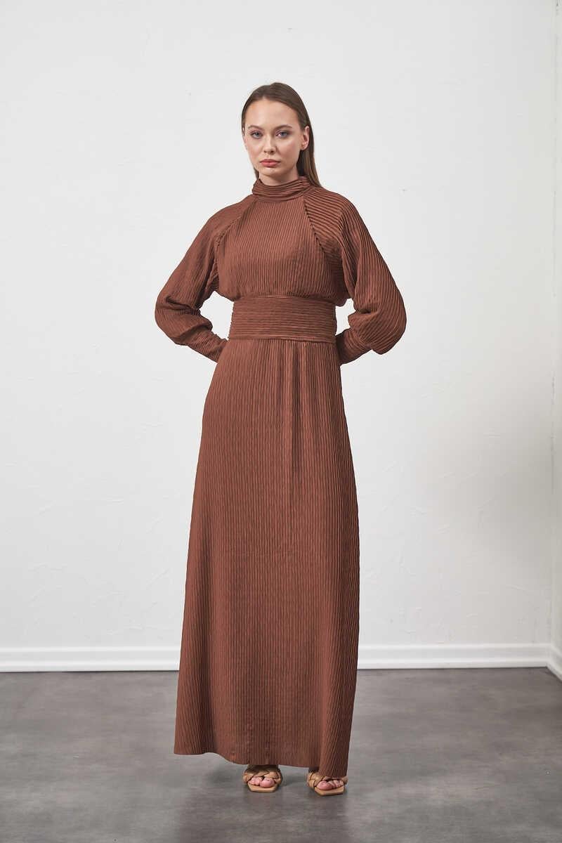 Pliseli Elbise Kahve