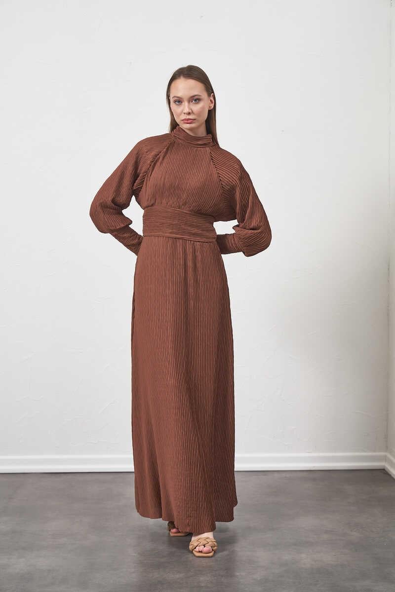 Pliseli Elbise Kahve