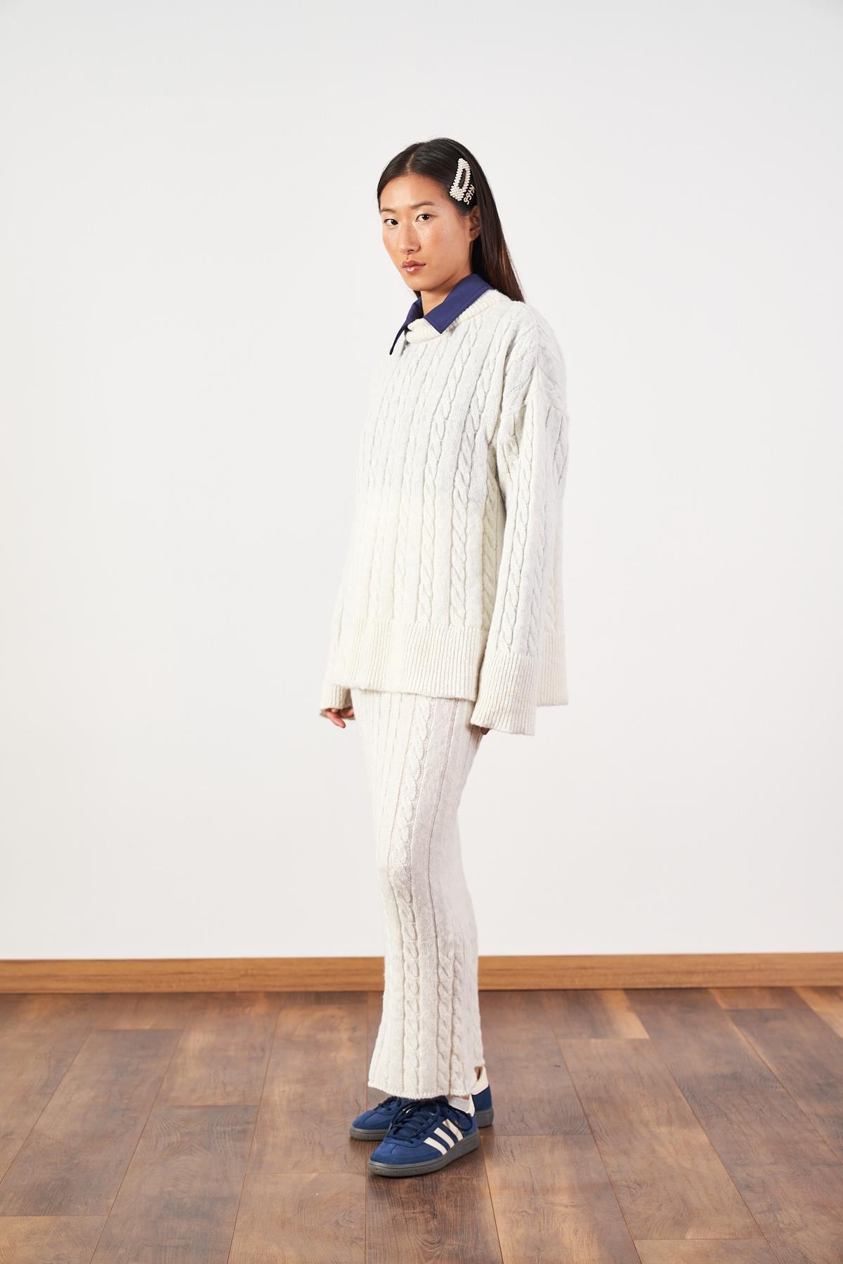 Saç Örgü Desenli Triko Etek Ekru